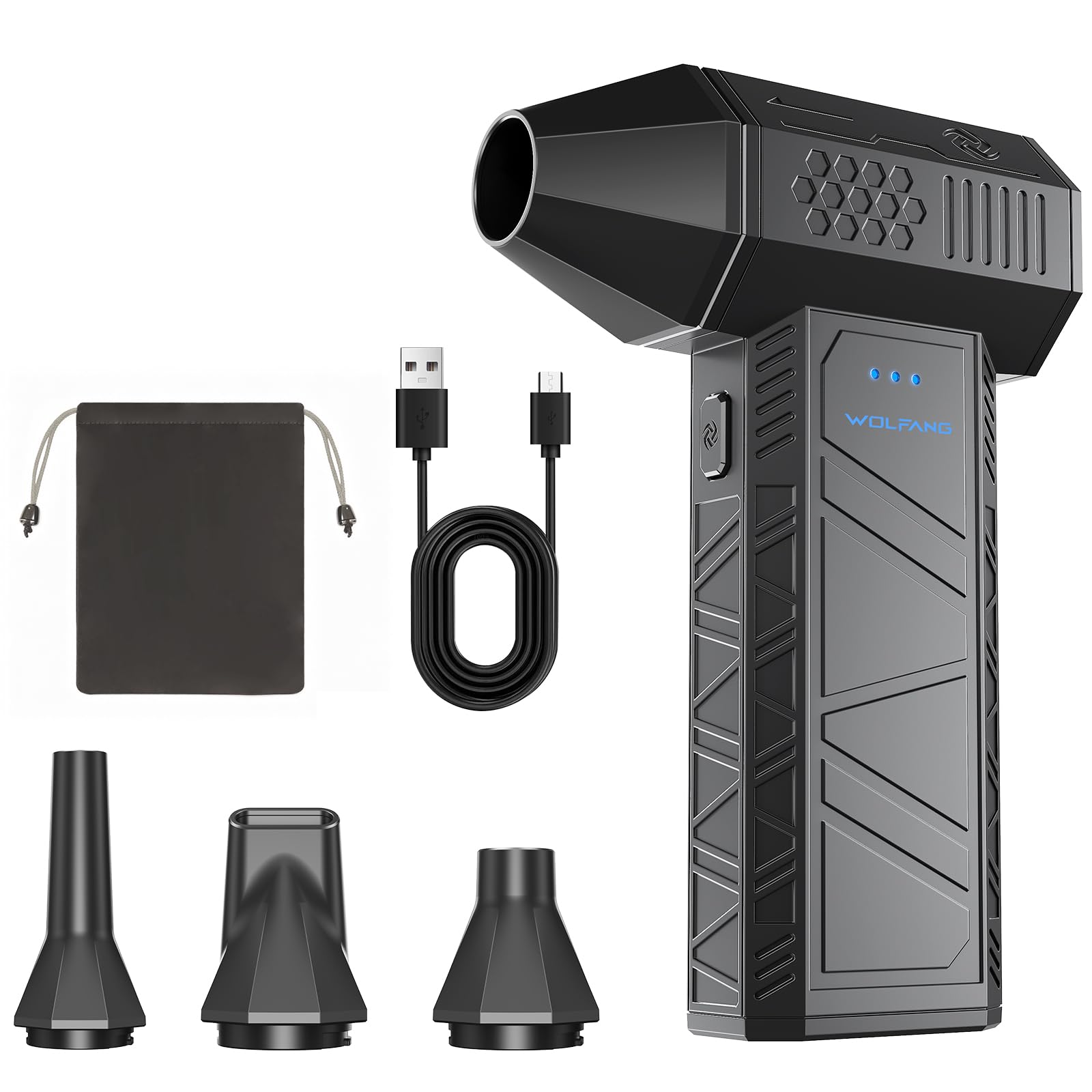 WOLFANG Electric Air Duster-110000RPM Super Power Cordless Air Duster, 3-Gang Mini-Gebläse Elektrische Staubgebläse mit Akku Ultraleise Druckluft für Computer, Tastatur, Haus, Outdoor und Auto