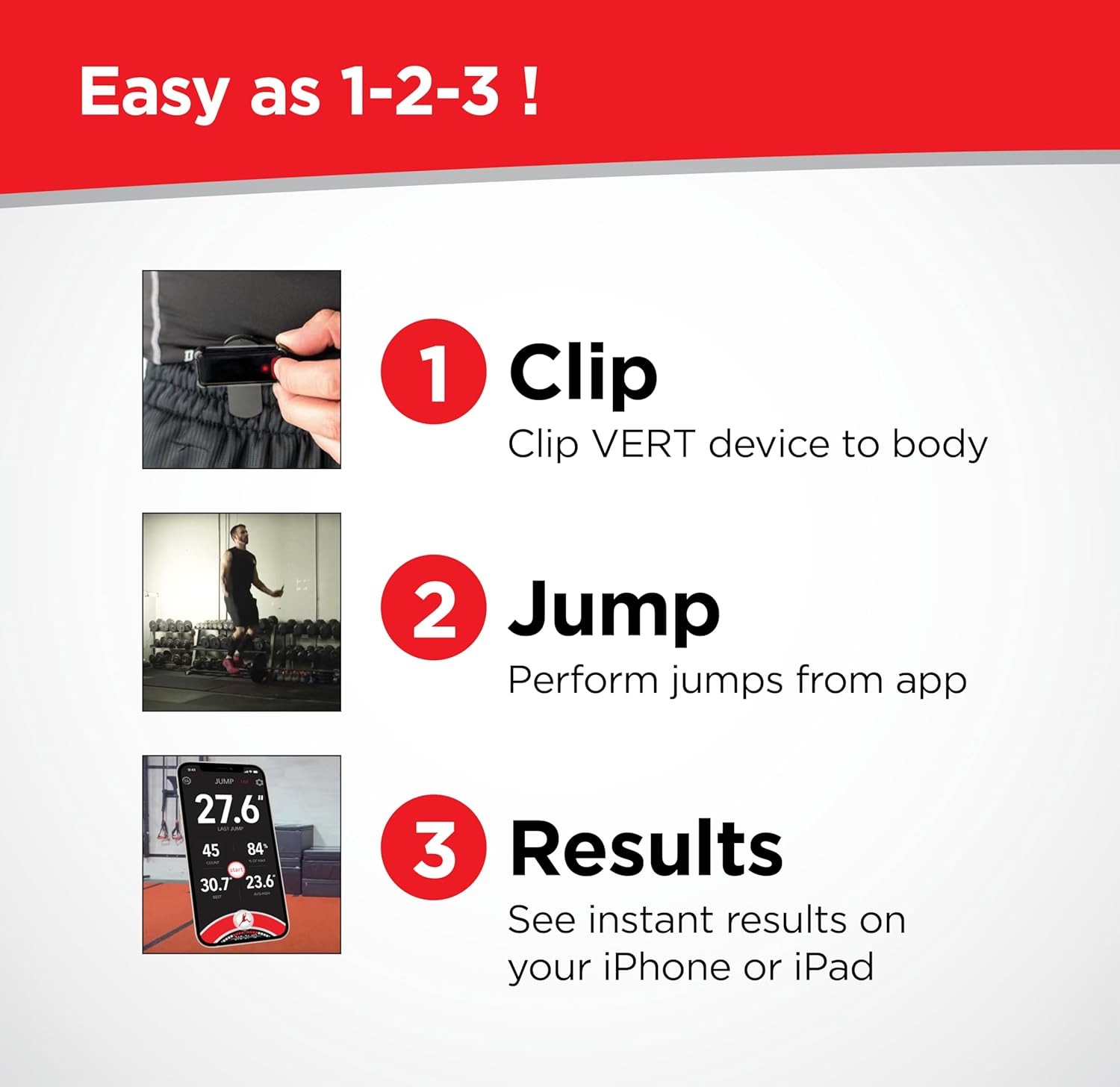 Three-step guide for using the VERT device: Clip, Jump, Results.