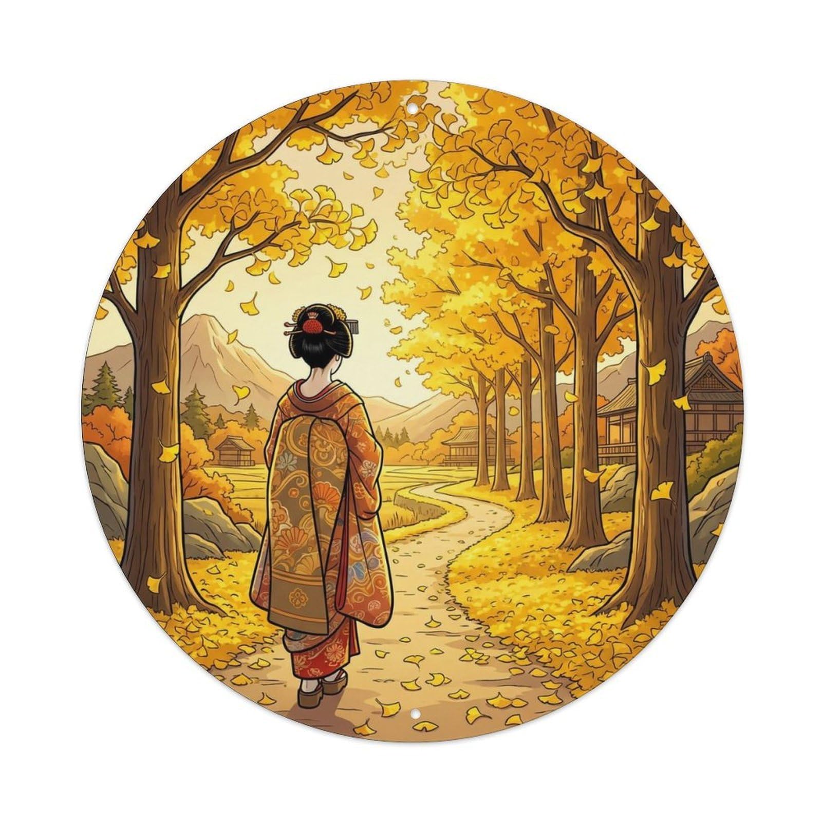 Yrnq 8X8inch Vintage Style Japanese Ginkgo Path Geisha Walking Golden Metal Tin Sign