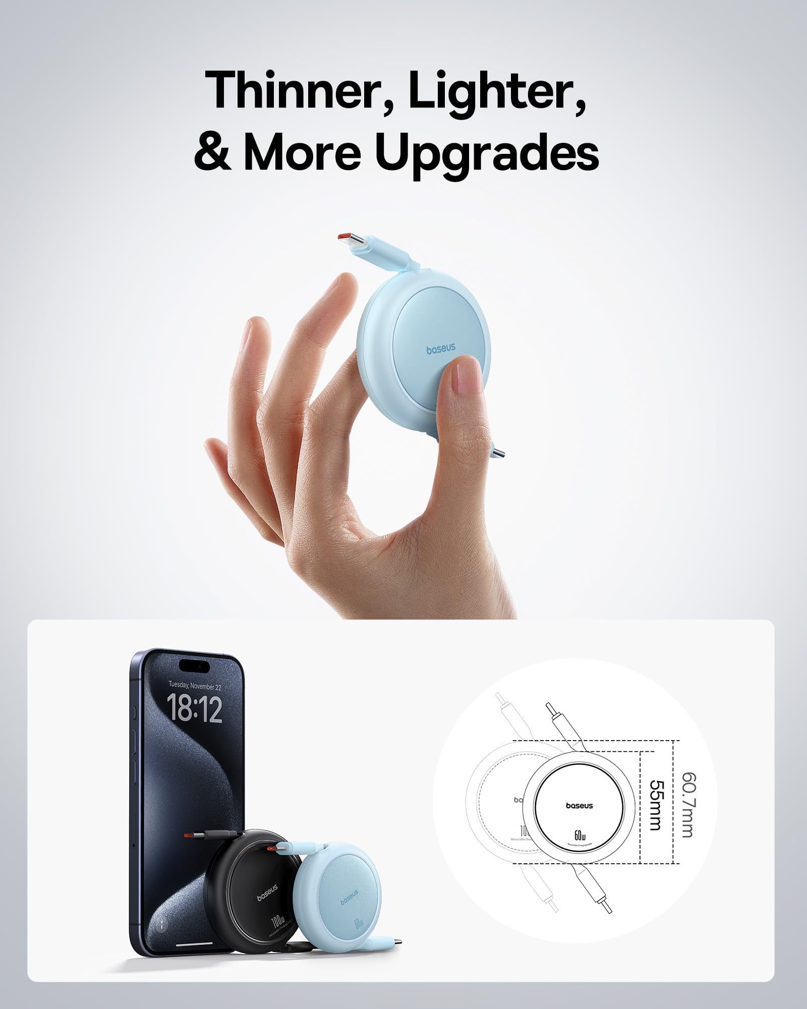 Baseus Cavo USB C, 60 W PD 5 A QC 4.0 Mini retrattile, cavo di ricarica rapida da USB C a USB C, lunghezza a 4 livelli, cavo di ricarica USB C preimpostato per iPhone 15 Samsung ipad, facile da