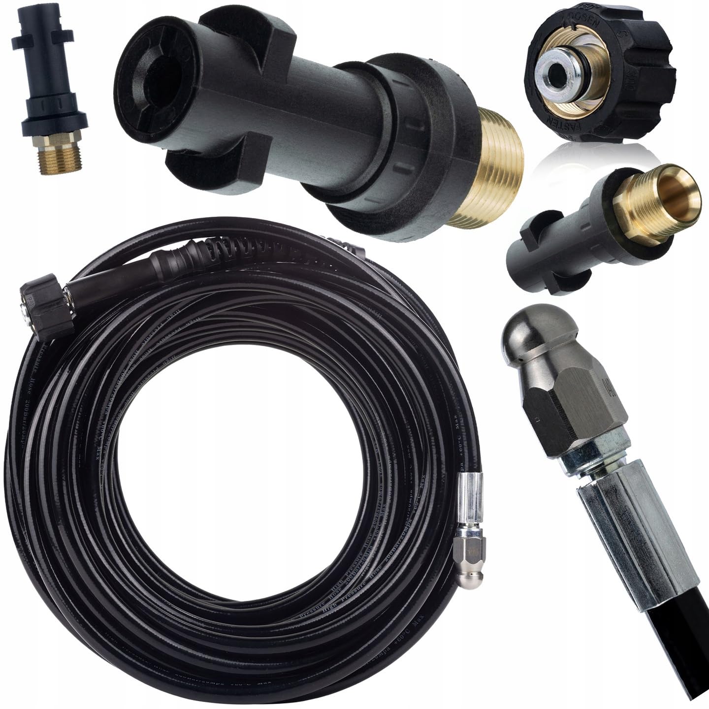 Rosfix Kit de manguera de limpieza de alcantarillado de 30 m + adaptador – rosca hembra M22 – Conector Bayonet | 200 bar 60 °C | Repuesto para limpiadora de alta presión Karcher K2 – K7 | Manguera de