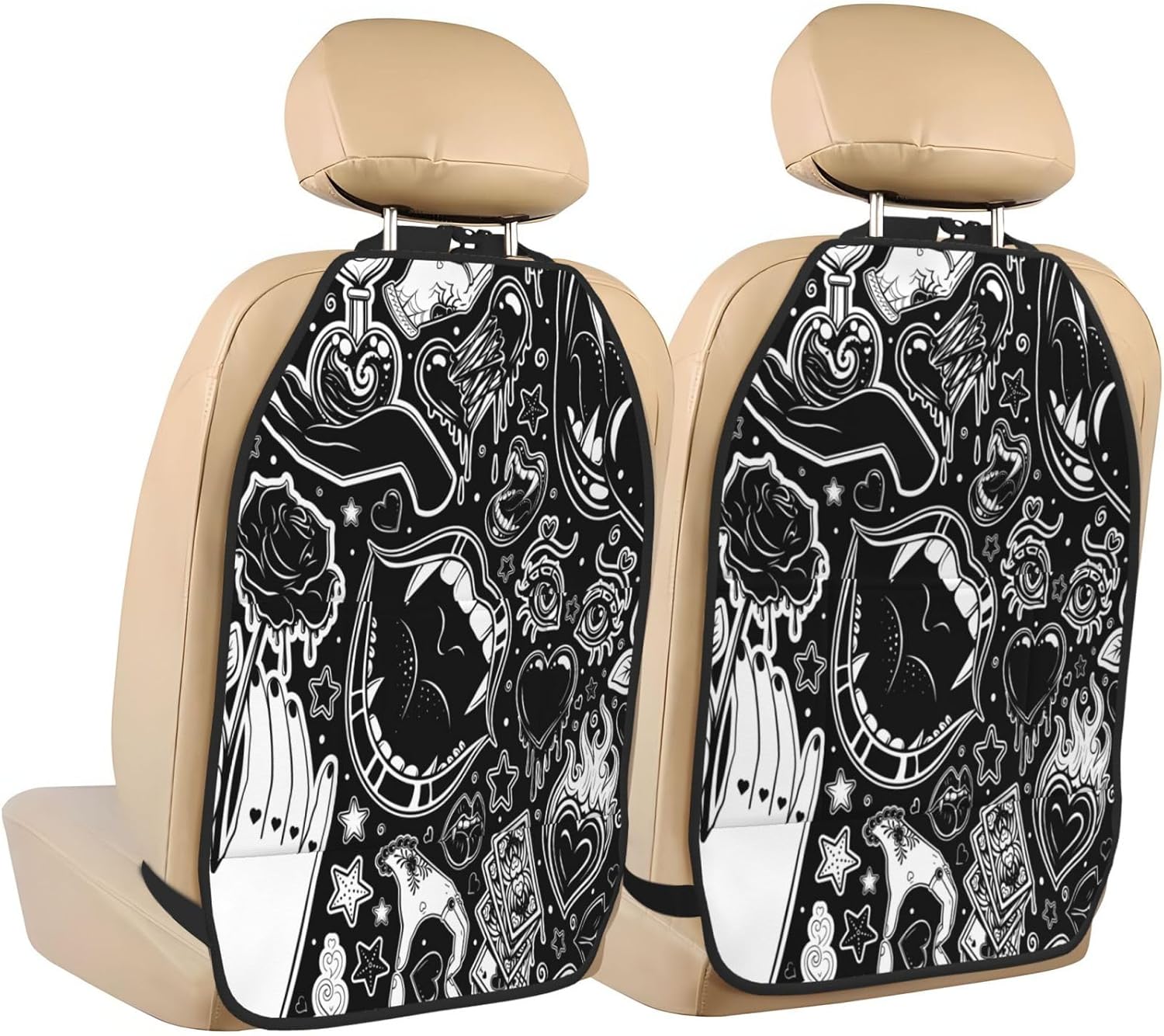 Halloween Black White Roses 2-Piece Set of Car Seat Kick Protectors for Front Seat Backrests, Used for Car Rear Seat Backrests Protectors