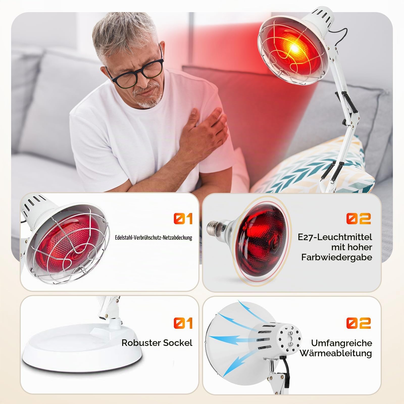 Infrarotlampe,100 W rotlichtlampe wärmelampe, 600nm-1400nm Physiotherapie lampe wärmelampe, Haushalts-Infrarotlampe,rotlichtlampe therapie einstellbar,Weiß