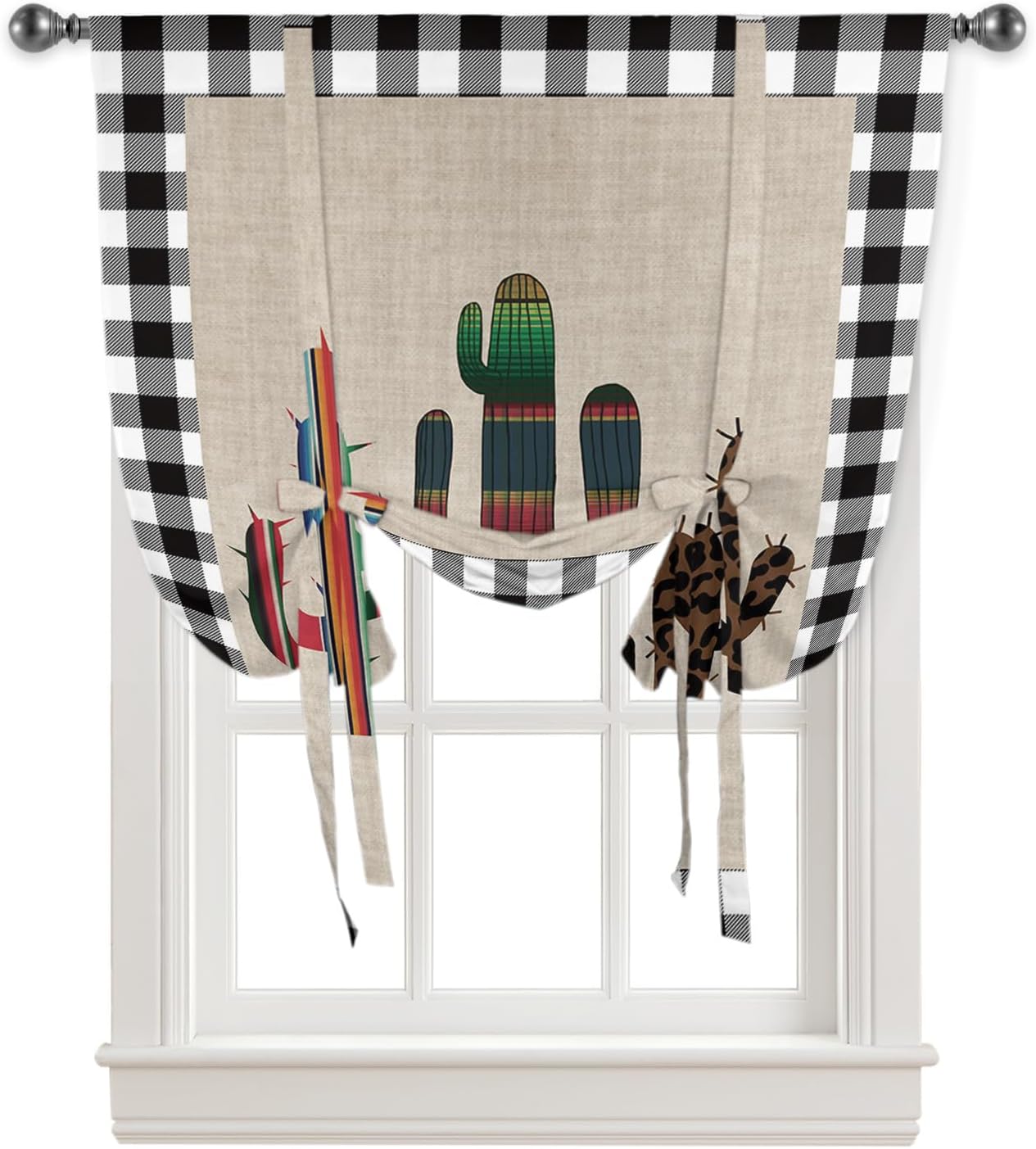 Tie Up Window Shade Curtain Summer Cactus Mexico Colorful Botanical Kitchen Adjustable Balloon Curtains Shades Drape 46x63In for Living Room/Bedroom/Cafe Windows Tropical Plant Retro Plaid