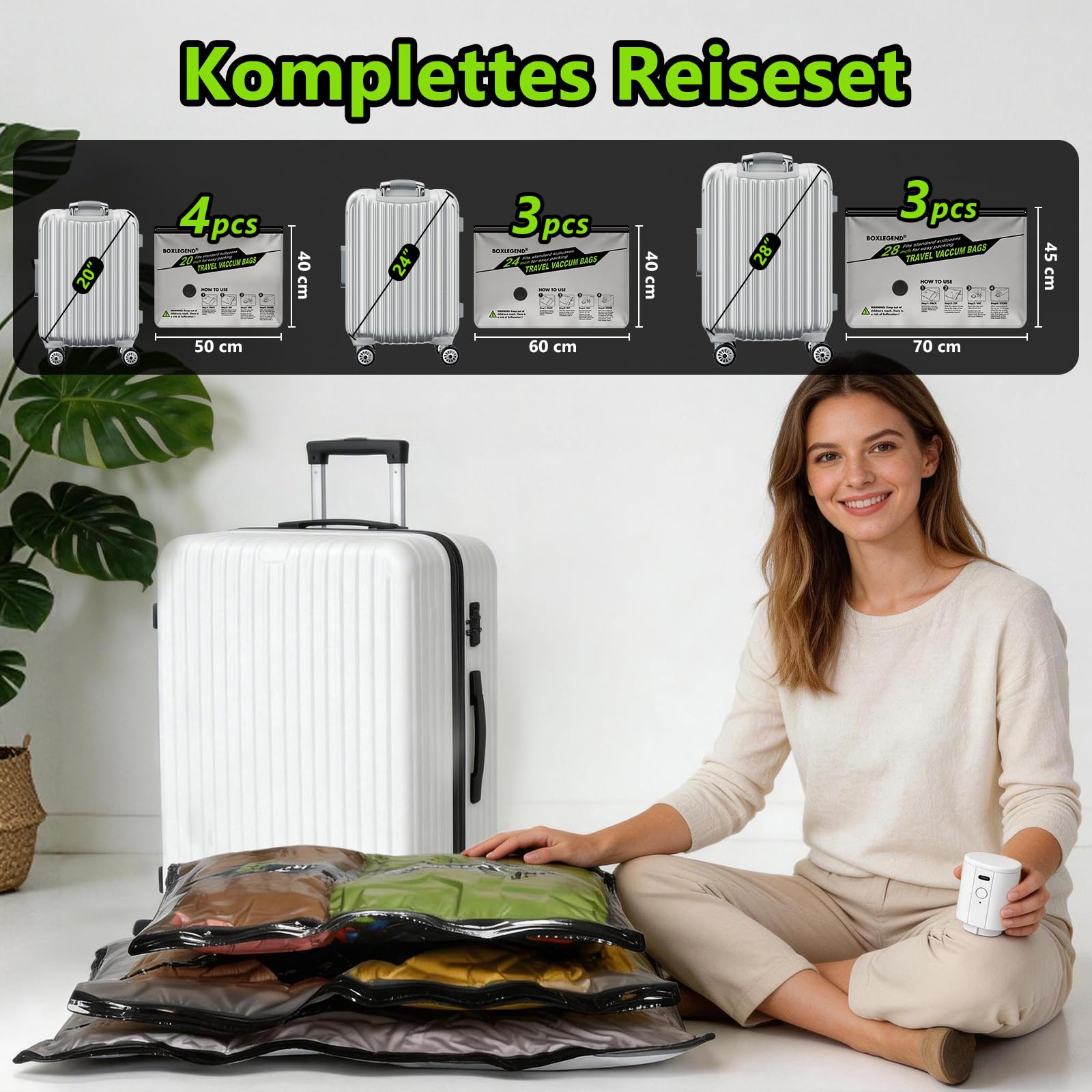 BoxLegend Vakuumbeutel für Kleidung Reise mit Kabelloser Pumpe, Vakuumbeutel 10er Set (4x 40x50cm, 3x 40x60cm, 3x 45x70cm), Abgerundete Kanten & Langseiten-Reißverschluss, Vakuumierbeutel für Koffer - 5