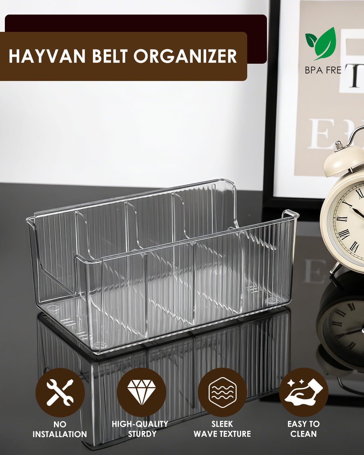 HAYVAN 2 Pack Acrylic Extendable Belt Organizer - Clear Belt Holder with Adjustable Dividers Fits Most Sizes, Storage Box for Ties, Bows, Masks, Jewelry (Space-Saving)