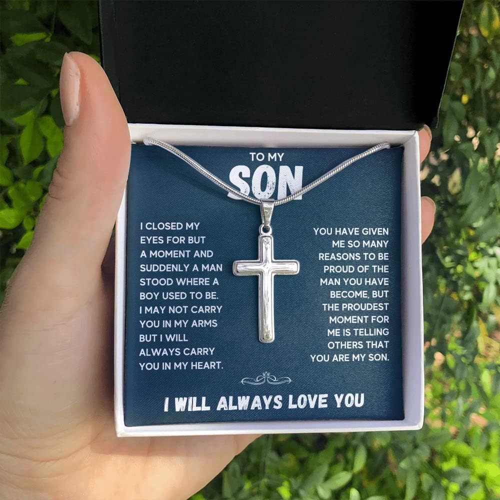 To My Son From Mom Gift Cross Necklace From Dad Birthday Christmas Graduation Cuban Link Chain Gift from Dad Mom with Message Card and Gift Box. Personalized Gift for Son From Father and Mother (Standard Box, Reasons)