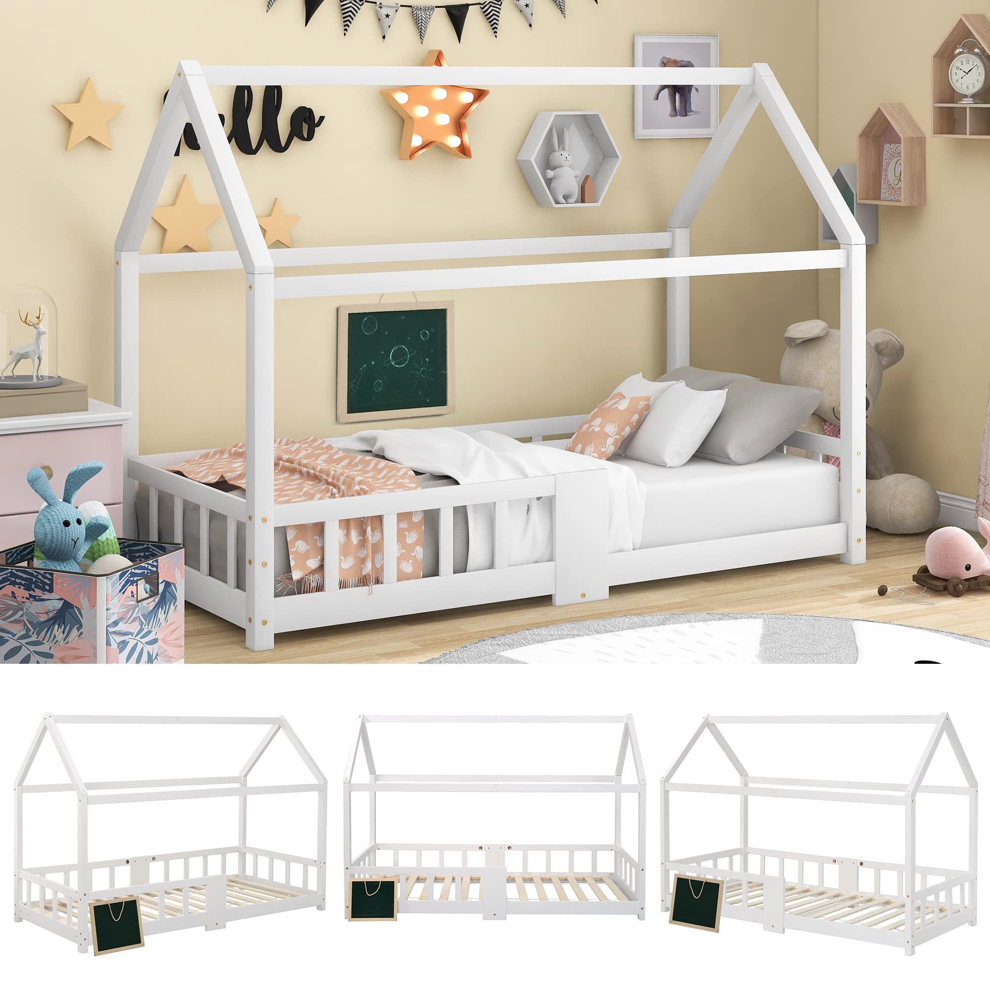 Lit Enfant 90x200 cm Bois avec Tableau Noir Protection Anti-Chute Sommier Lattes Blanc