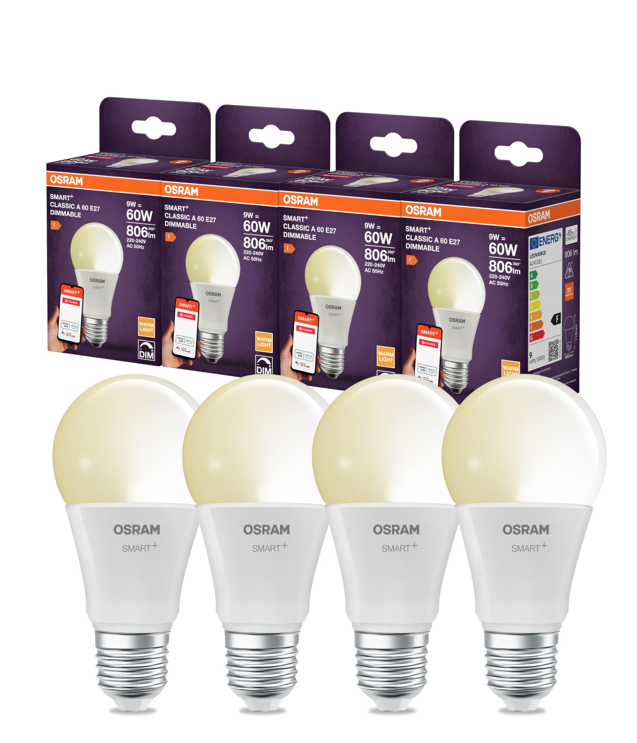 Osram Lampe LED SMART A60 forme d'ampoule E27, 9 W ZigBee 3.0, intensité variable 2700 K blanc chaud, contrôle par application, Alexa, Google Assistant,4-Pack