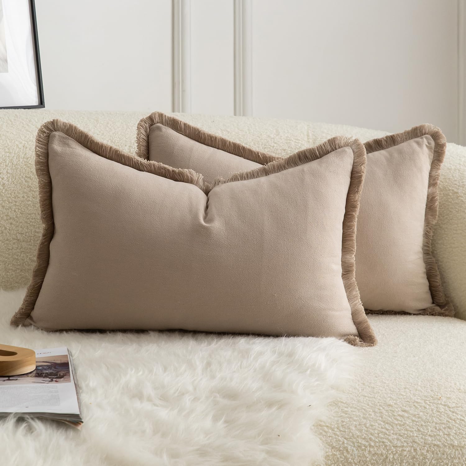 Mandioo Set of 2 Neutral Cotton Fringe Cushion Covers 30x50 cm 12x20 inch Decorative Boho Farmhouse Throw Pillowcase Cozy Tassels for Couch Sofa Bedroom Living Room Home Decor Taupe