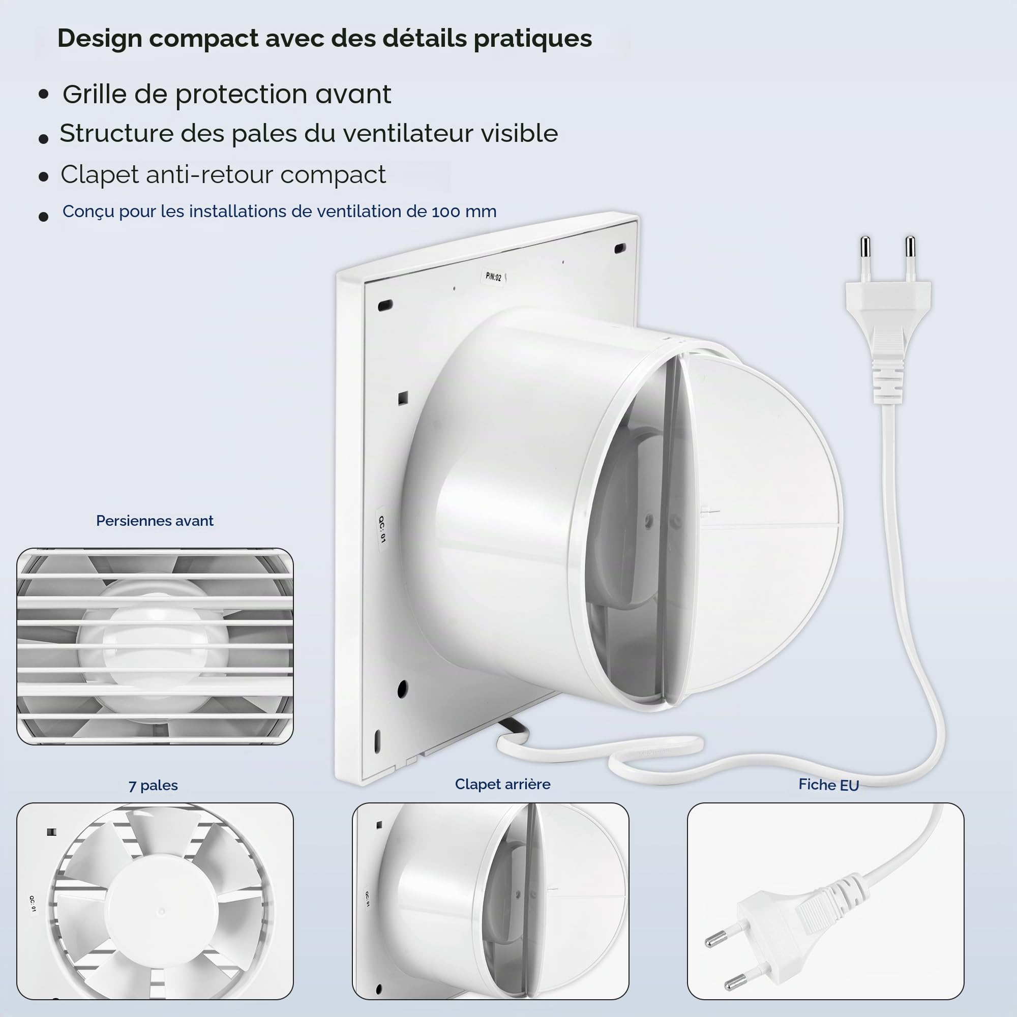 100mm VMC Salle de Bain, VMC Simple Flux, 120m³/h Extracteur Avec Clapet Anti Retour, 1m UE Prise pour Salle de Bain,Cuisine,Bureau,WC