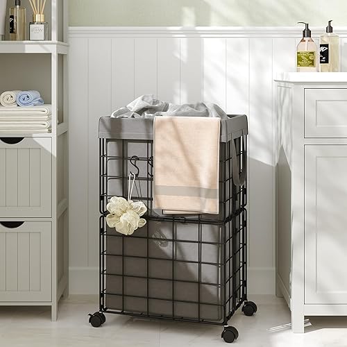 Miniatura 7 de ELYKEN Cesta de lavandería con ruedas, marco de alambre de metal duradero con bolsa interior extraíble de 70 l18.8 galones de capacidad, cesta de
