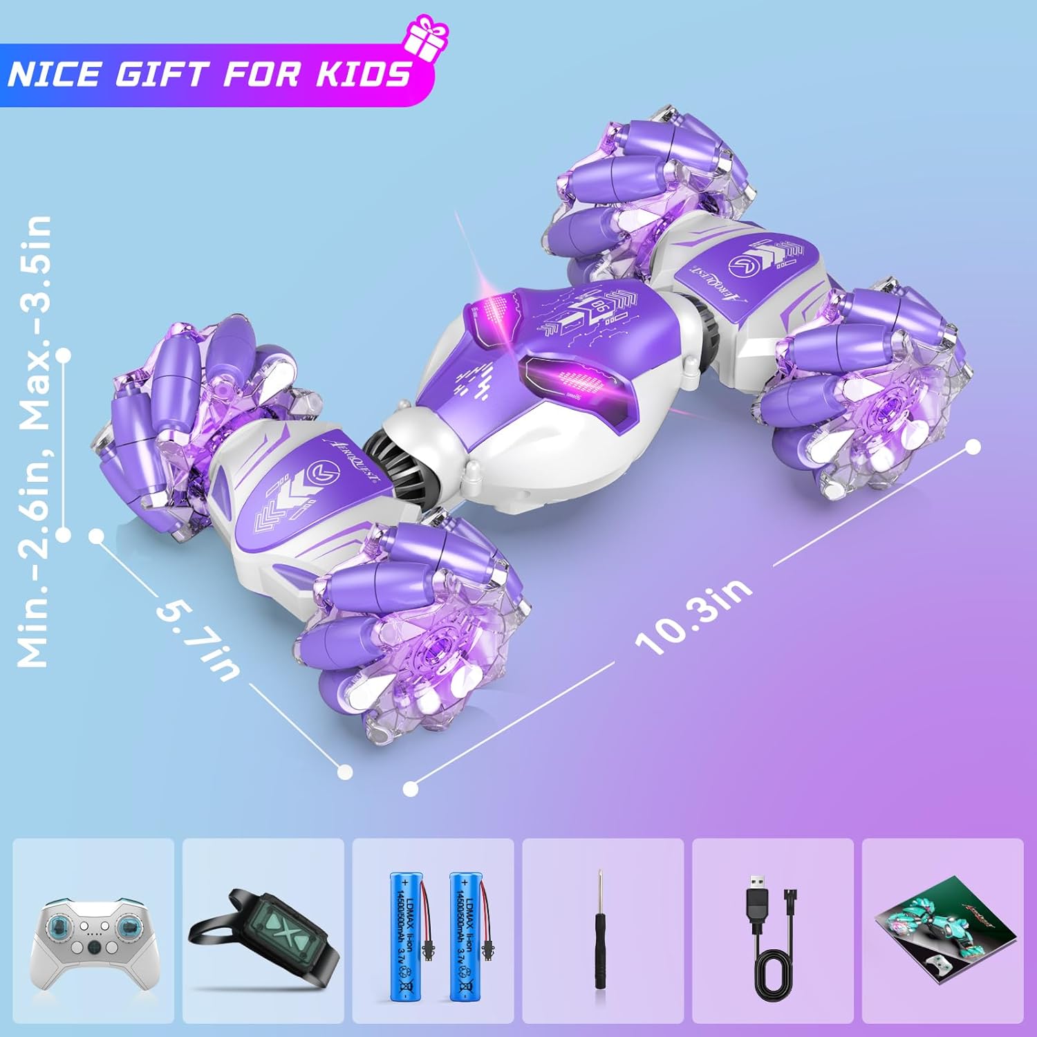 Gesture Sensing RC Stunt Car, 4WD Hand-Controlled 2.4GHz Remote Control Drift Cars for Boys Girls Age 6-8-12, All-Terrain Off-Road Twist Toy Cars with Lights Music for Birthday Gifts(Purple)