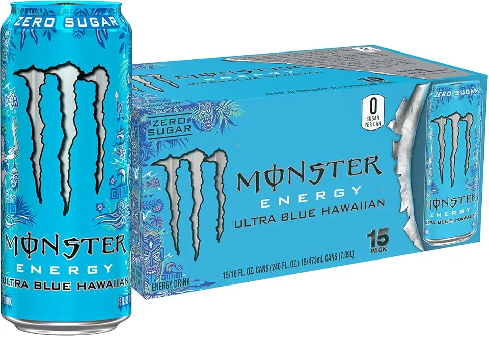 Monster Energy Ultra Blue Hawaiian, Sugar Free Energy Drink, 16 Ounce (Pack of 15)