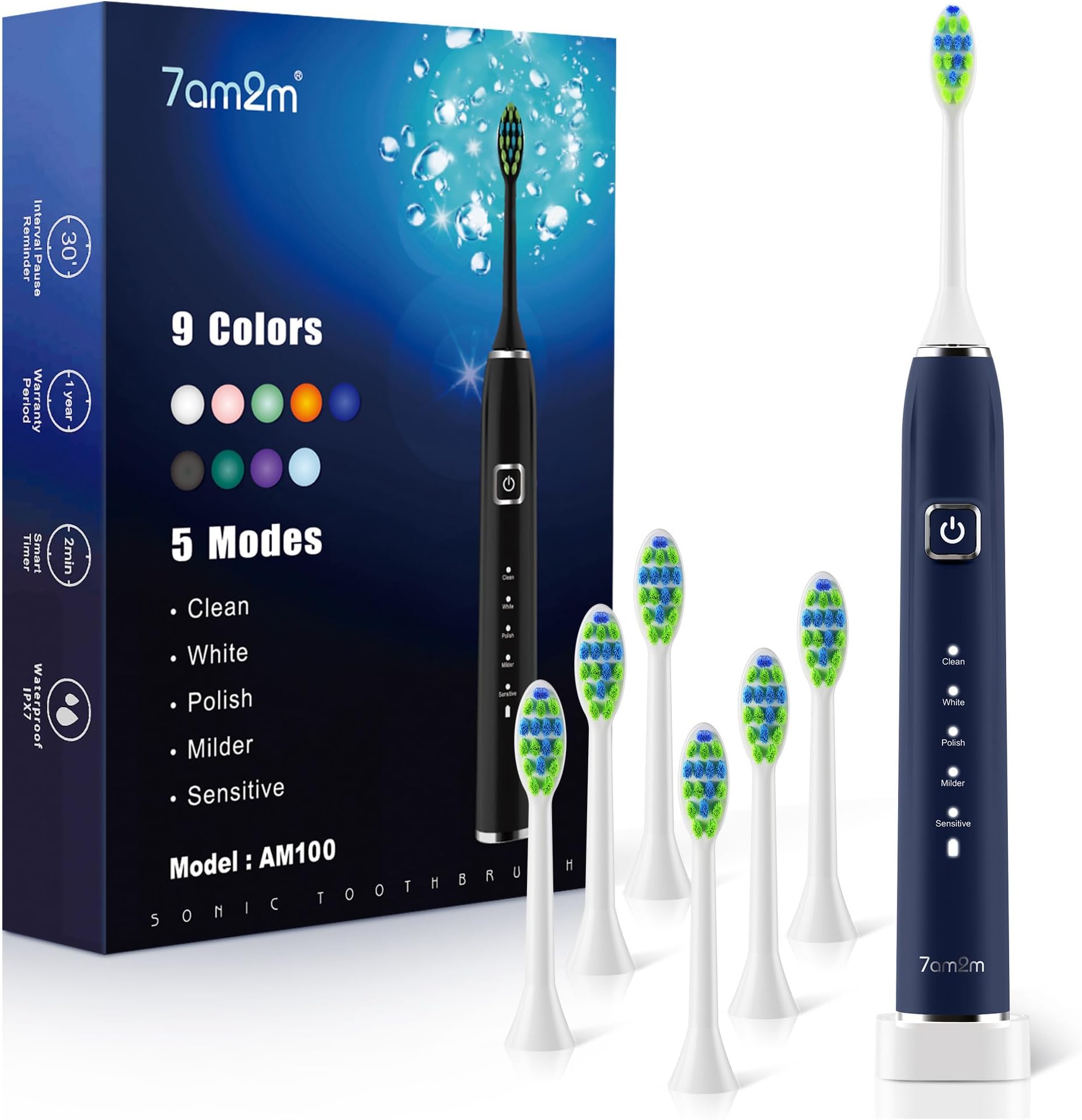 7AM2M Sonic Electric Toothbrush with 6 Brush Heads for Adults and Kids, One Charge for 90 Days, Wireless Fast Charge, 5 Modes with 2 Minutes Build in Smart Timer, Electric Toothbrushes(Navy Blue)
