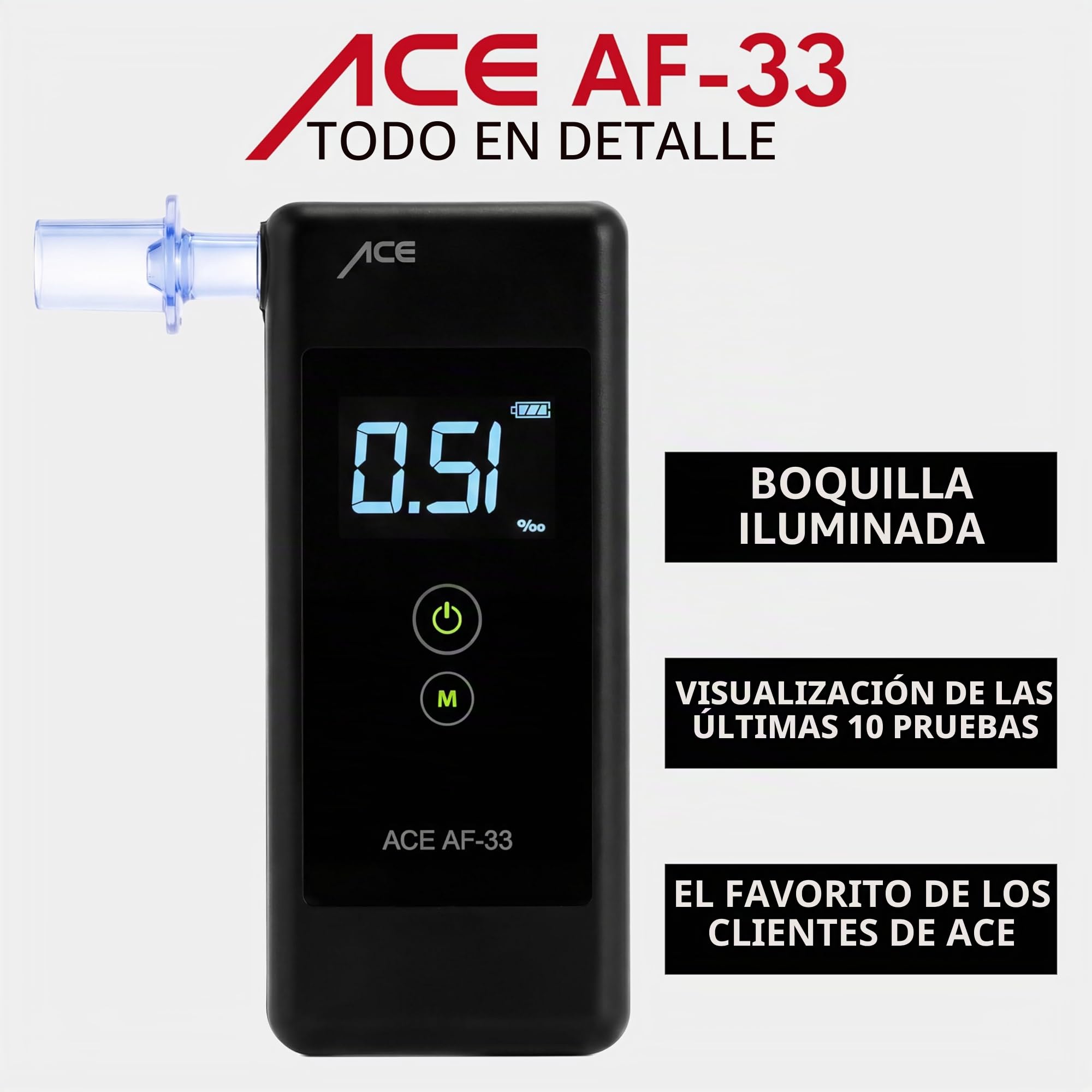 Alcoholímetro ACE AF-33 - el alcoholímetro nº 1 según AUTO BILD (comparativa 2023) - alcoholímetro/promilímetro de precisión policial