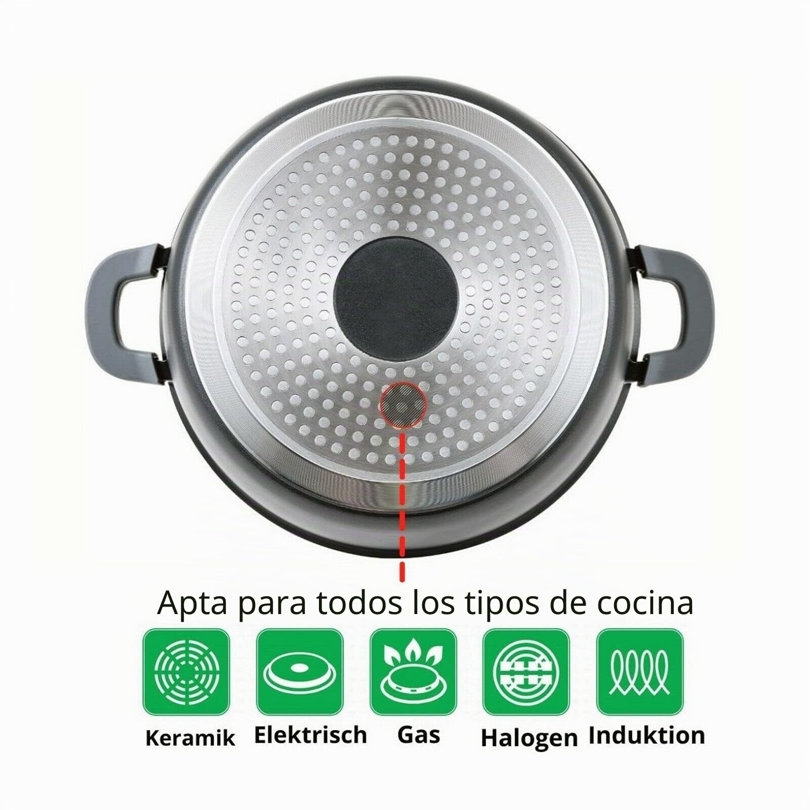 Olla de 10 L de aluminio fundido antiadherente, para inducción, 32 cm, con tapa de cristal