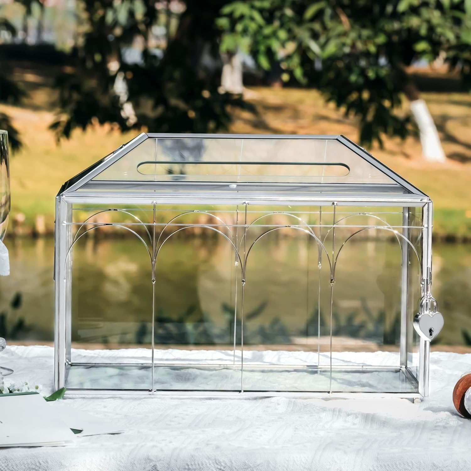 NCYP Glass Cards Box with Slot & Lock for Wedding - 12.6" x 5.9" x 9" Vintage Geometric, Wishwell, Party, Home Reception, Tabletop Decor, Silver (Glass Box Only)