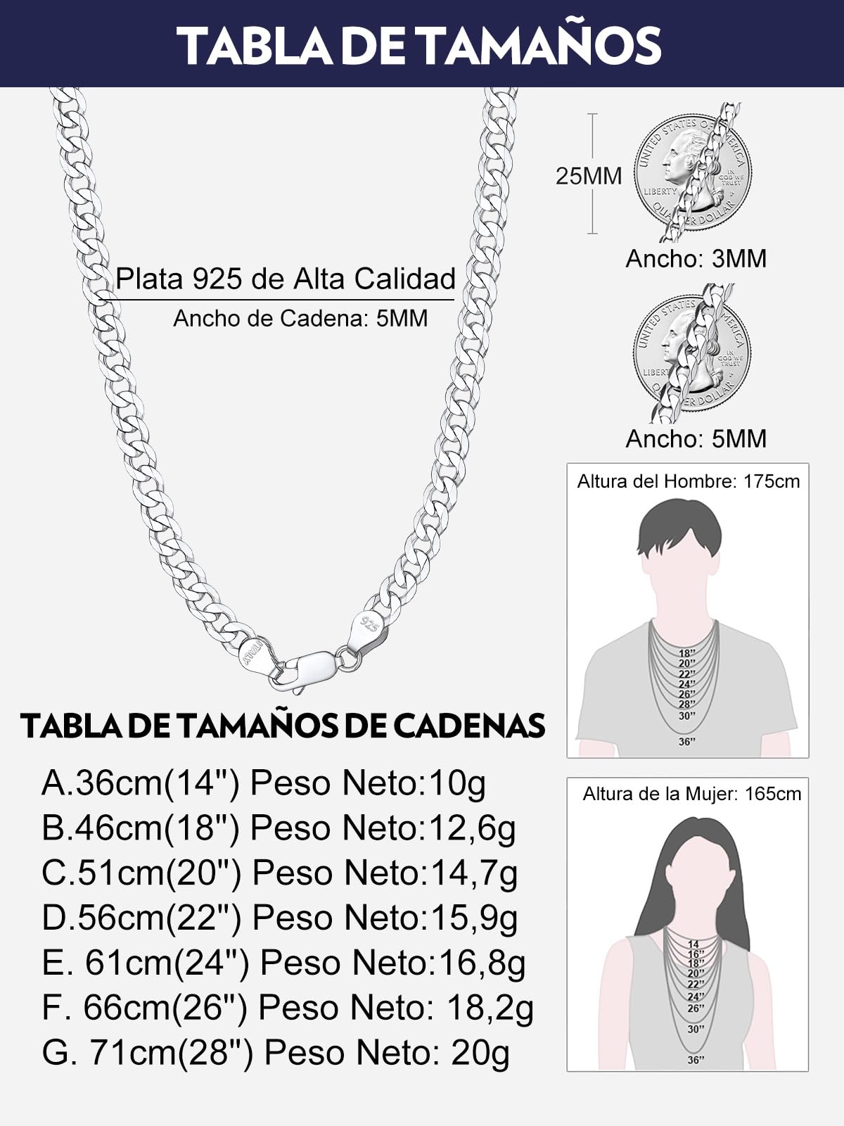 Bandmax Collar Cubano Cadenas Plata Accesorio de Camiseta Suéter, 36 46 51 56 61 66 71cm Largo, Unisexo Collares de Plata No Da Alergia