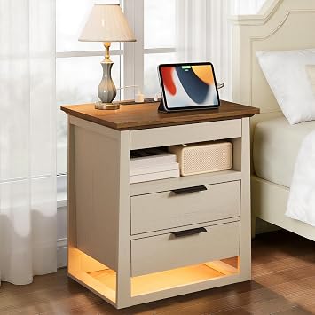 Rresyet 3 Drawer Nightstand with Charging Station & LED Lights & Open Shelf, Modern Night Stand with Storage, Wooden Bedside Table for Bedroom Room, Office White