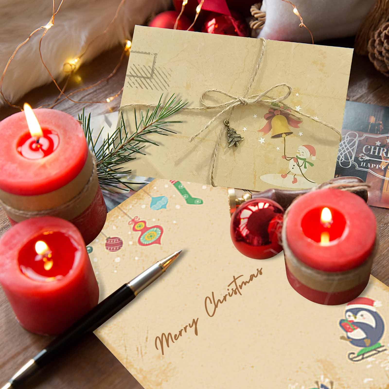 Set 24 Carte Lettera E Buste Vintage Natale Con Spago E Adesivi - Per Inviti, Auguri E Biglietti Fai Da Te