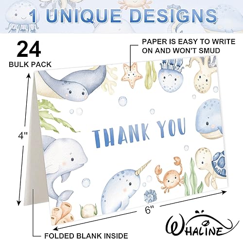 Miniatura 2 de Whaline 24 tarjetas de agradecimiento con temática de animales marinos, acuarela, con calcomanías de sobre, tarjetas de notas en blanco de dibujos