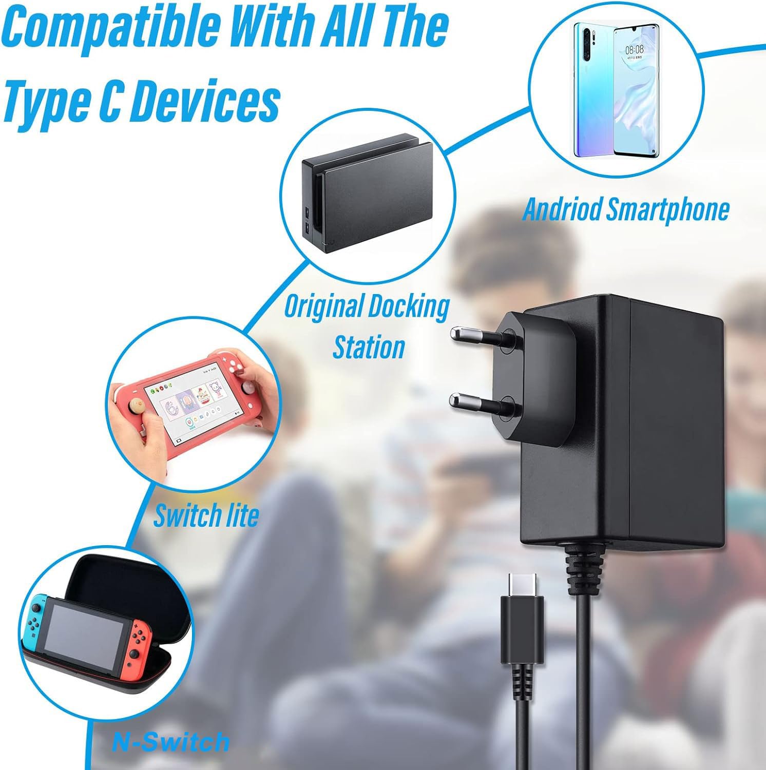Caricatore per N-Switch 15V 2.6A Carica Rapida con Cavo USB Tipo C, Supporto Modalità TV e Controller Dock Compatibile con N-Switch & Switch Lite