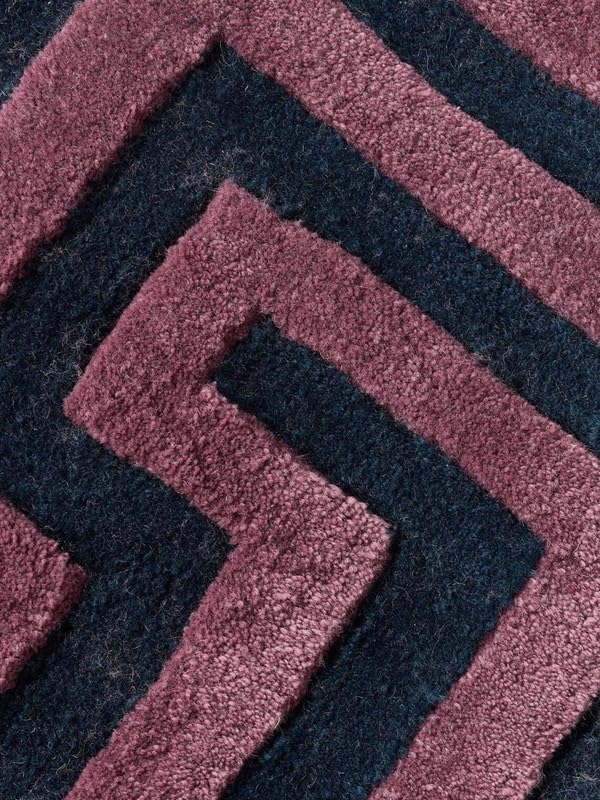 Geometric Maze Pattern Area Rug 10x14 ft, Pink & Navy Blue Handmade Tufted Wool Carpet, Thick Plush Soft Modern Designer Rug for Living Room Bedroom Home Décor