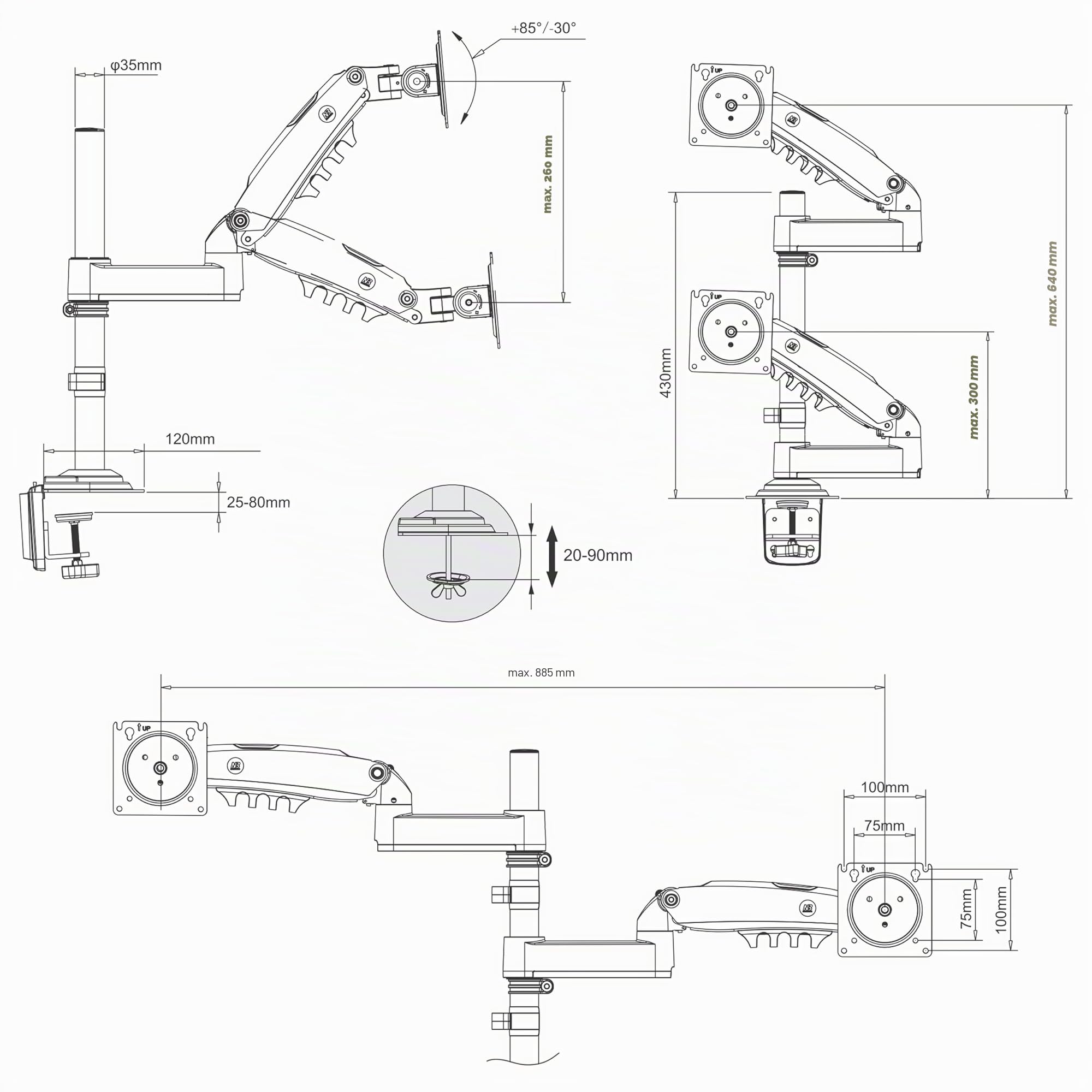 Ergosolid Tischhalterung with Gasfeder for Dual 17-35 Zoll LCD LED Monitore with VESA max. 100 x 100 mm, up to 9 kg