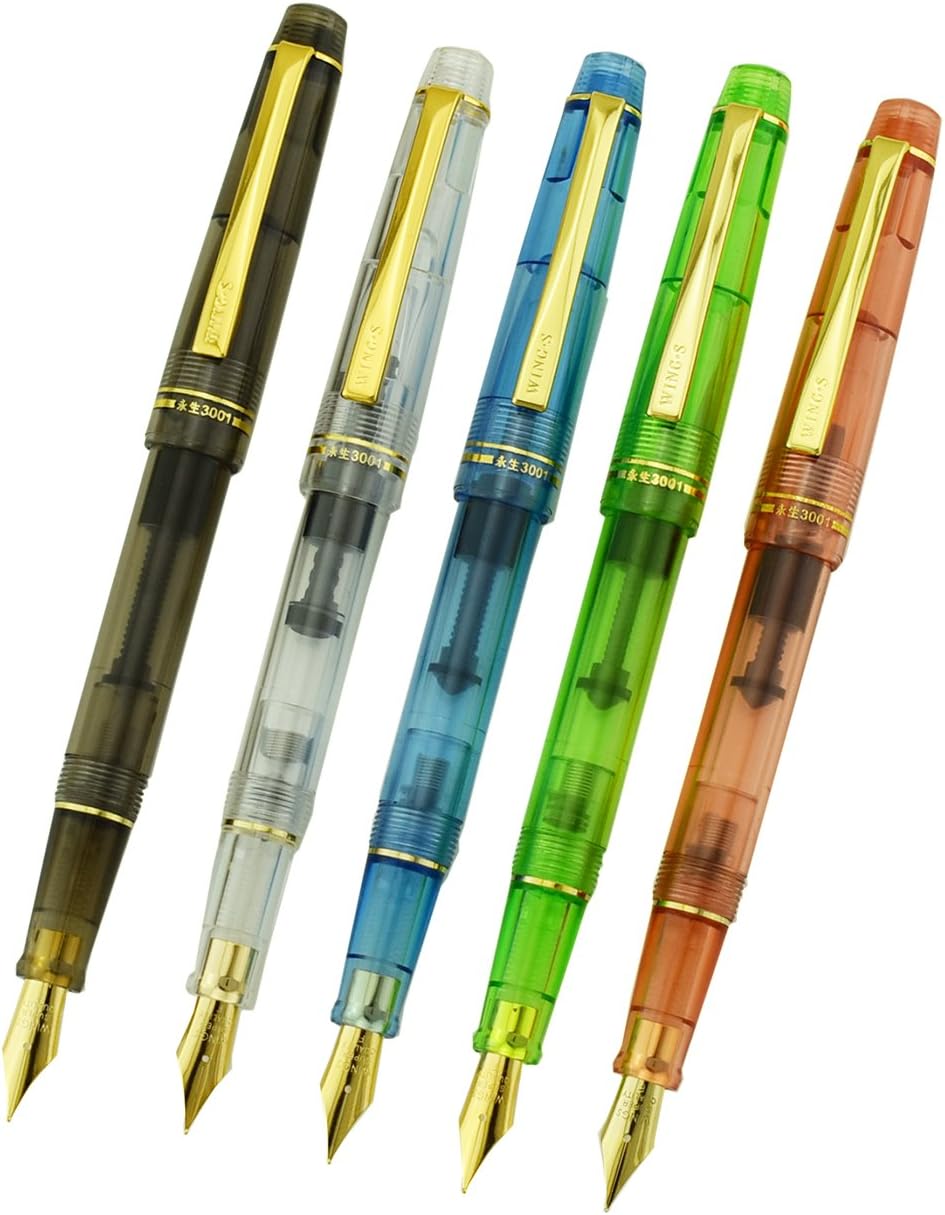 5 PCS Wing Sung Fountain Pen Demonstrator Color Set 3001,Transparent with Ink Refill Converter Extra Fine Nib Calligraphy Pen for Perfect Writing, Signature, Gift, Fashion Design for Men & Women