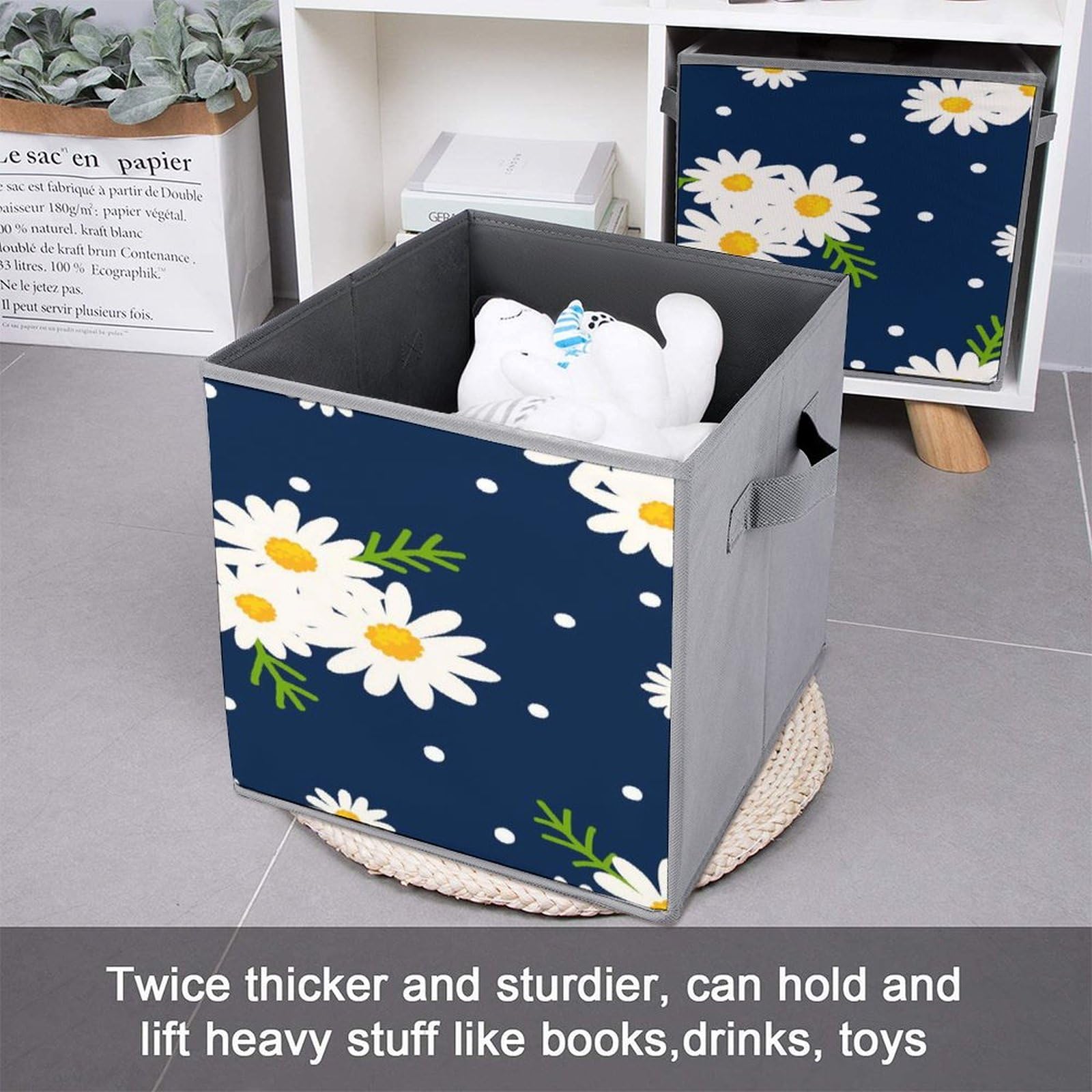 Cubi portaoggetti pieghevoli da 28 x 28 cm, con fiori bianchi, margherite, in tessuto, con manici, vestiti, coperte, giocattoli, organizer per casa e ufficio, confezione da 6