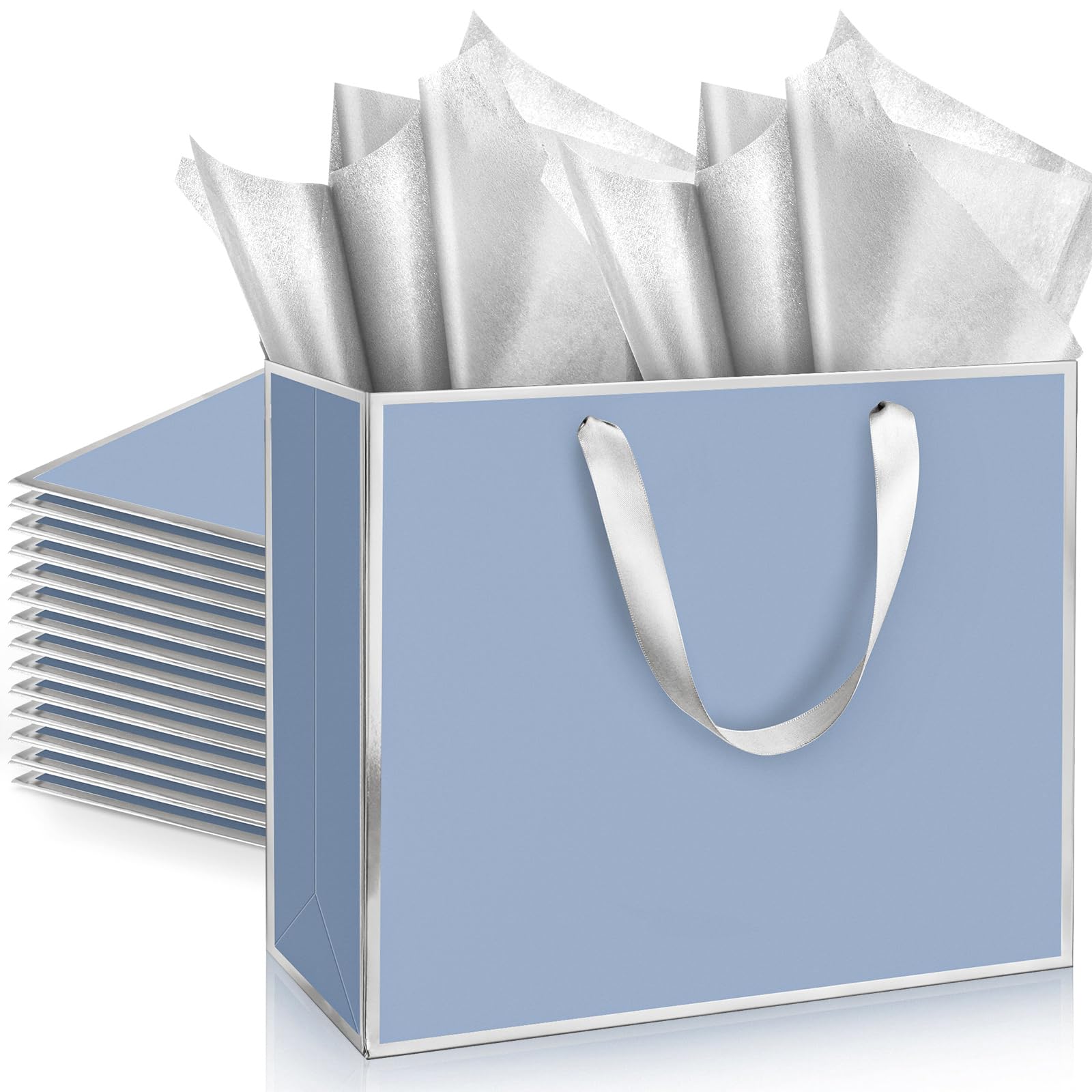 ReliThick 12 Pack Paper Gift Bag with Handles &amp; Tissue, Dusty Blue, Silver