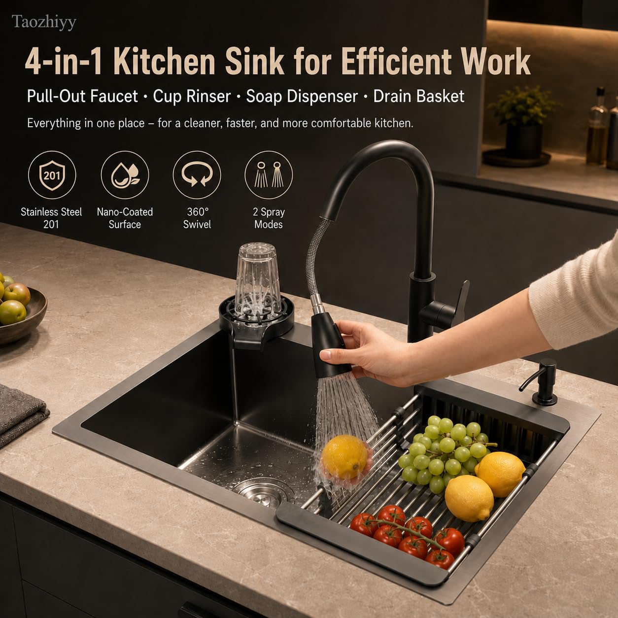 Fregadero de cocina de acero inoxidable, 1 fregadero de cocina, 45 x 40 cm, con grifo extraíble, fregadero empotrado con lavavajillas para tazas, escurridor y dispensador de jabón, para restaurantes