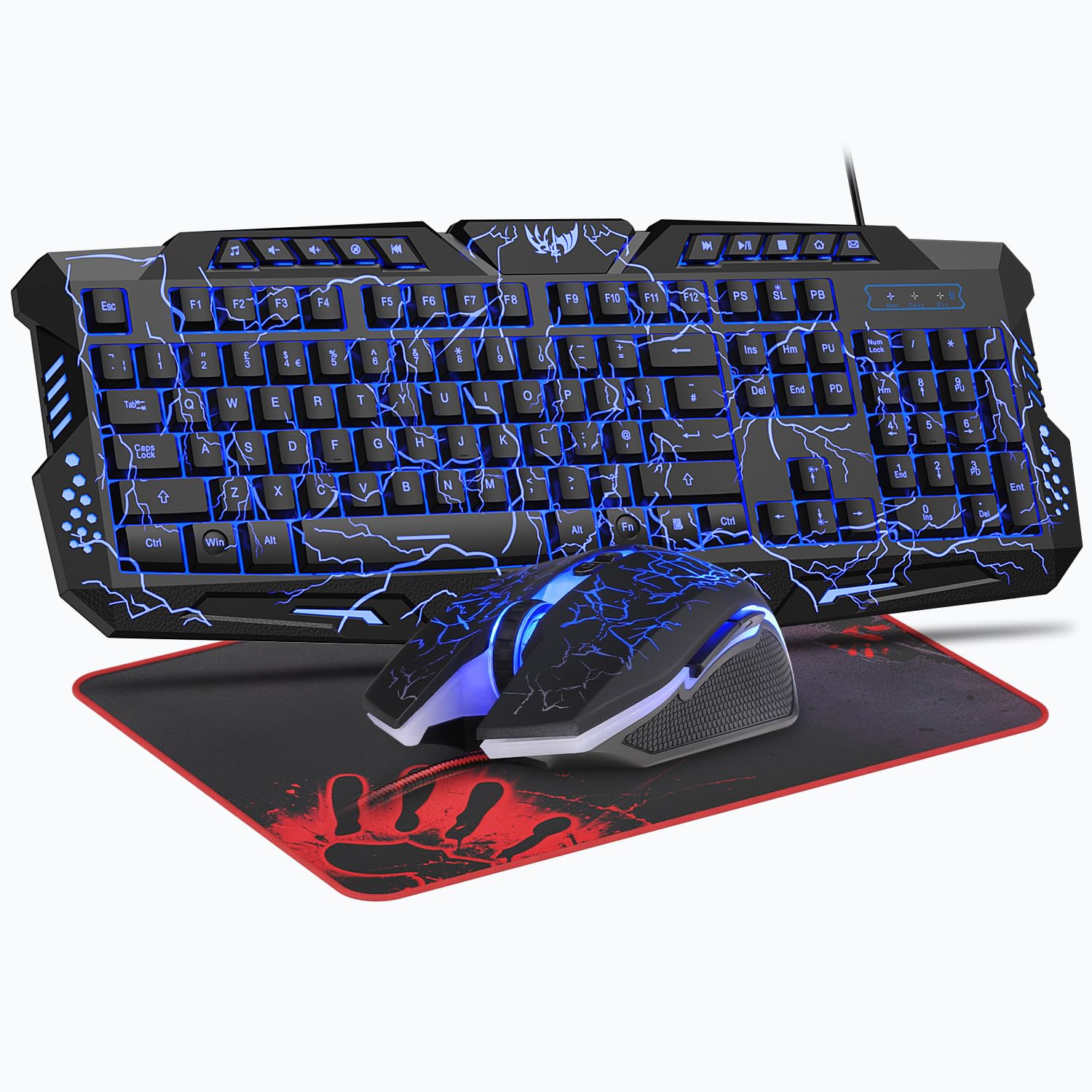 Set di tastiera e mouse da gioco, layout UK 114 tasti, tastiera cablata retroilluminata, mouse ergonomico a LED a 4 colori, tappetino per mouse grande, USB Plug & Play per PC, Mac, PS5, Xbox