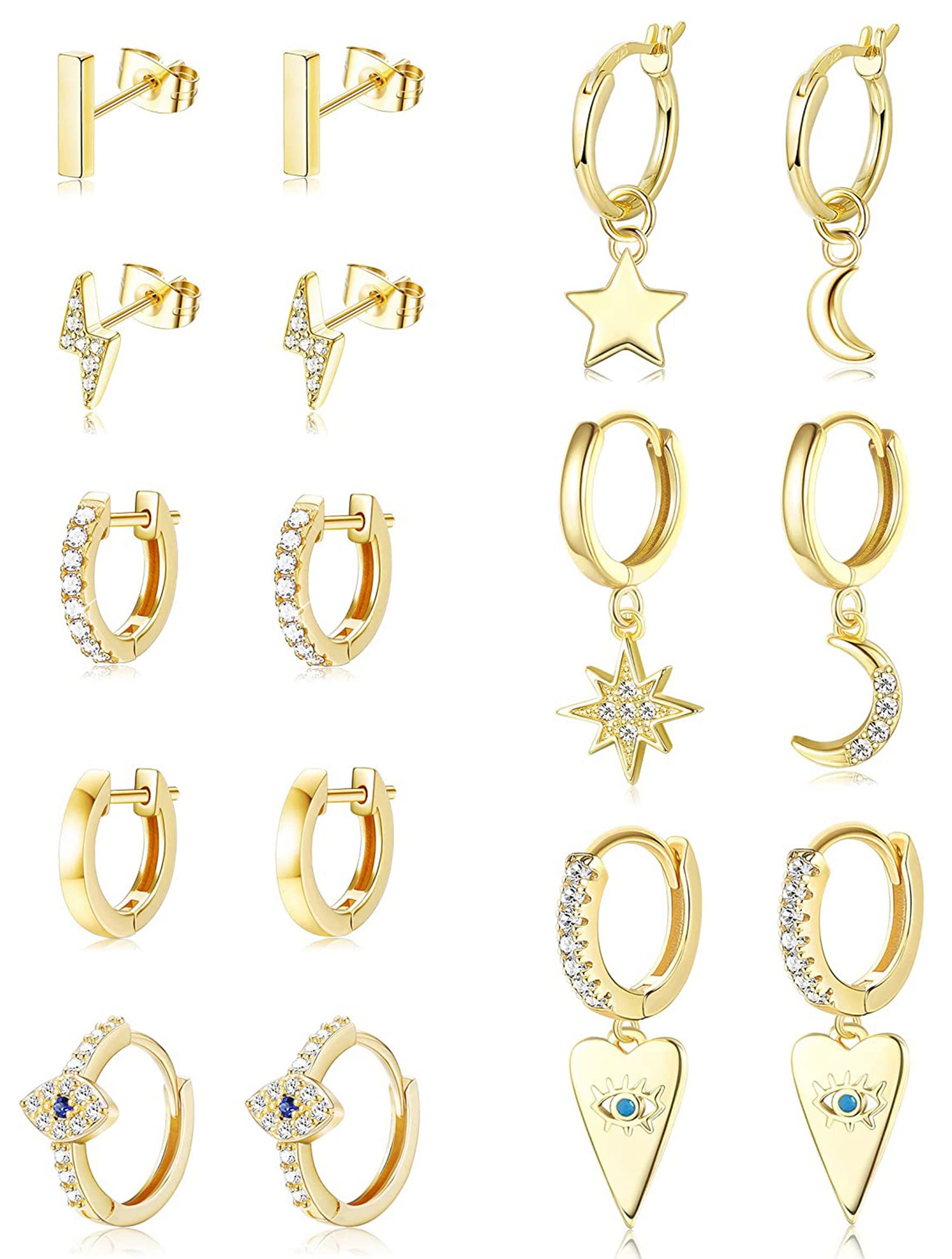 JeweBella 8Paia Pequeños Pendientes Acero inoxidable Mujer Hipoalergénico Mini Pendientes Aro Colgantes con Luna Estrella Zircon Mal de ojo Pendientes Conjunto Oro/Plata