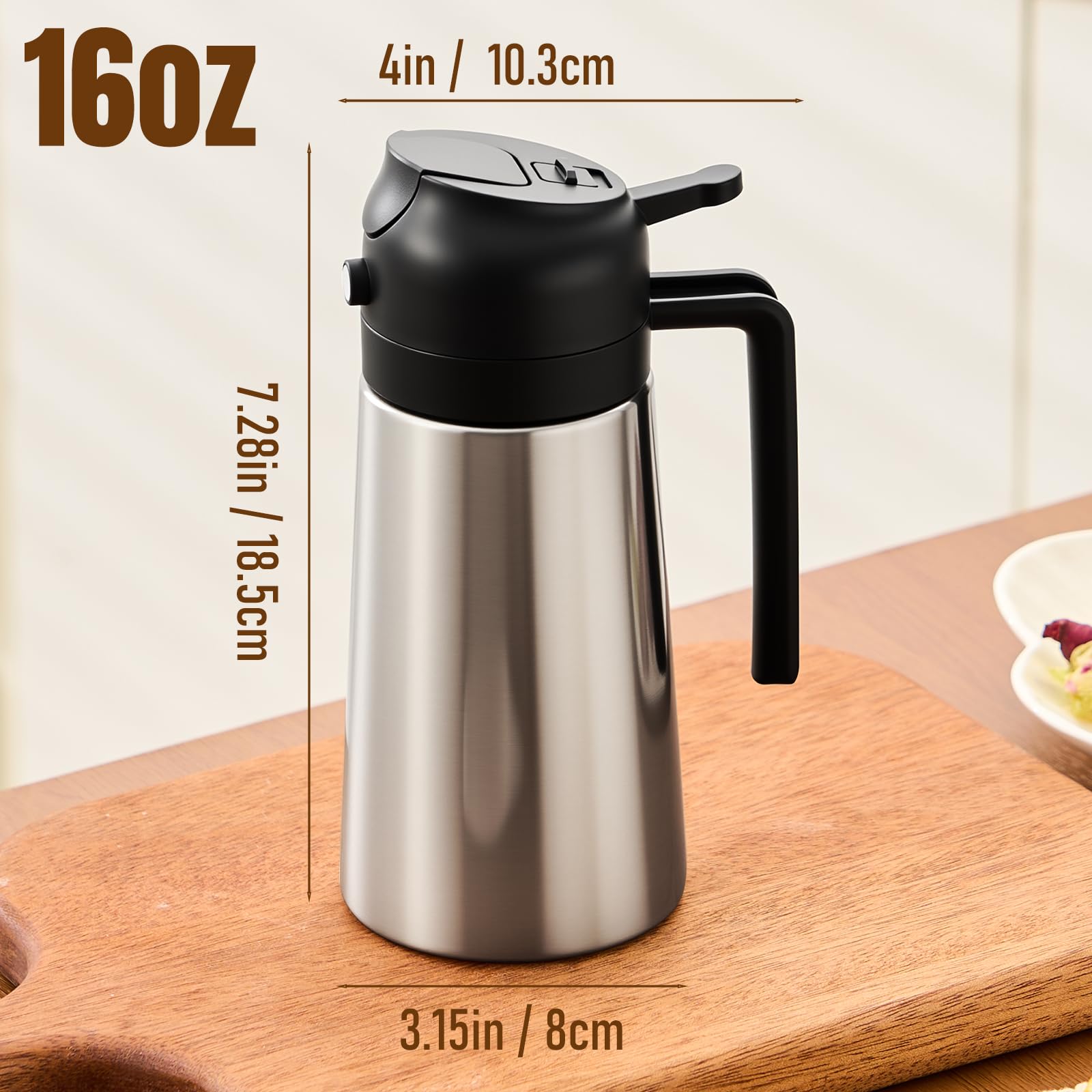 ParaCity Botella de aceite, carcasa de acero inoxidable, revestimiento cerámico, pulverizador y dispensador de aceite de oliva 2 en 1, apto para cocinar, cocina, freír al aire, ensaladas y hornear.