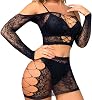 QuneusHot Women Crop Top Highwaist Pant Set Fishnet Lingerie Set Rave Dance Music Festival Outfit Black Set 01