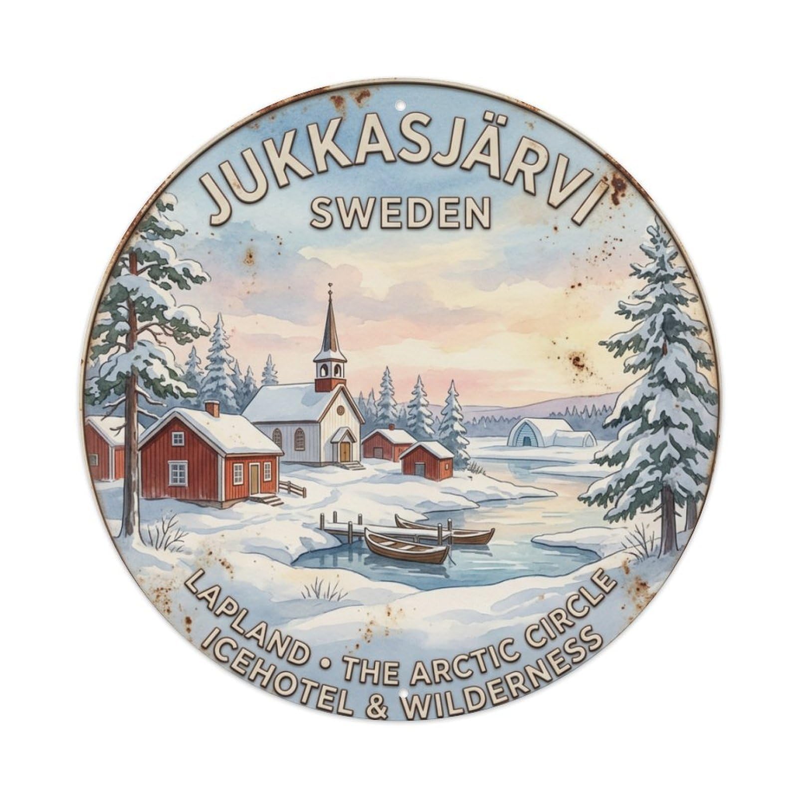 Vintage Travel Jukkasjarvi Sweden Village Metal Tin Sign