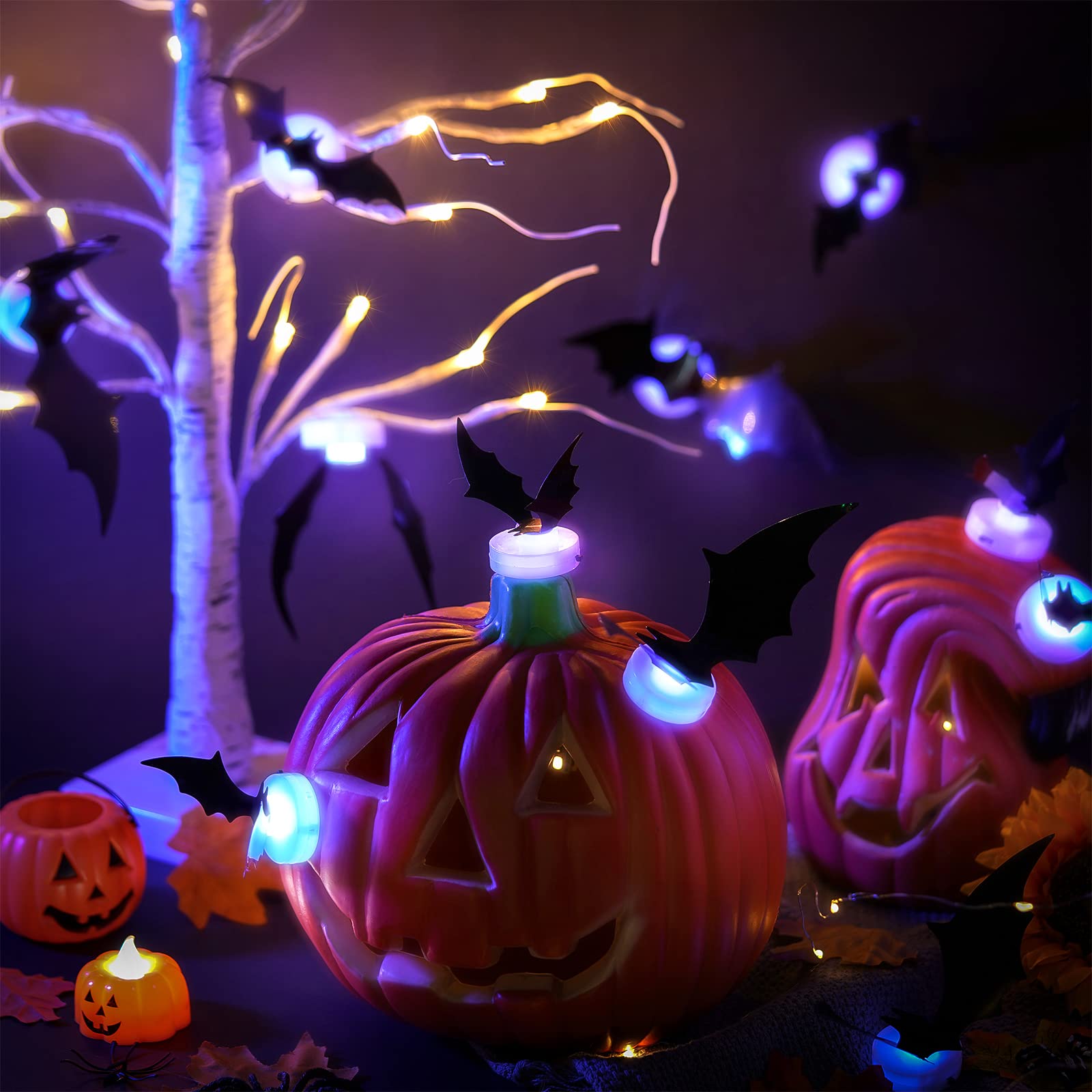 Déco Halloween Chauves-souris LED - Lot De 24 Autocollants Muraux 3D Phosphorescents Avec Piles - Pour Porte, Mur, Fenêtre - PVC Noir