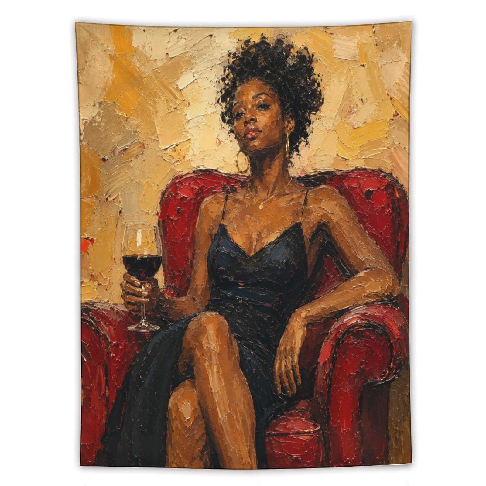 W7C8U2X3 Black Woman with Wine Wall Tapestry, Ceiling Hanging