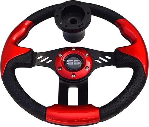 Miniatura 6 de Huskey E-Z-GO - Volante rojo con radios cepillados, agarre de textura de fibra de carbono, adaptador de cubo negro mate para medallista TXT RXV