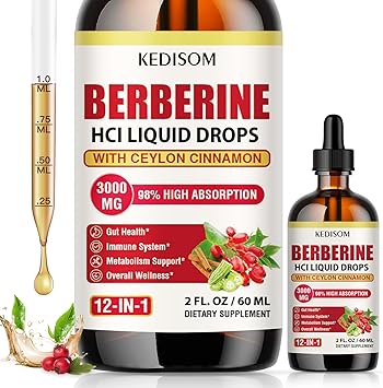 12-in-1 Berberine Supplement Liquid Drops 2 Fl Oz, 3000mg Liposomal Berberine HCL Complex with Ceylon Cinnamon Plus Turmeric, High Absorption Berberine Drops