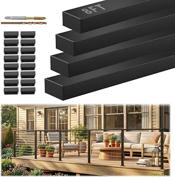 8FT Black Rectangular Handrail, Cuttable Flat Deck Top Rail 4 Pack