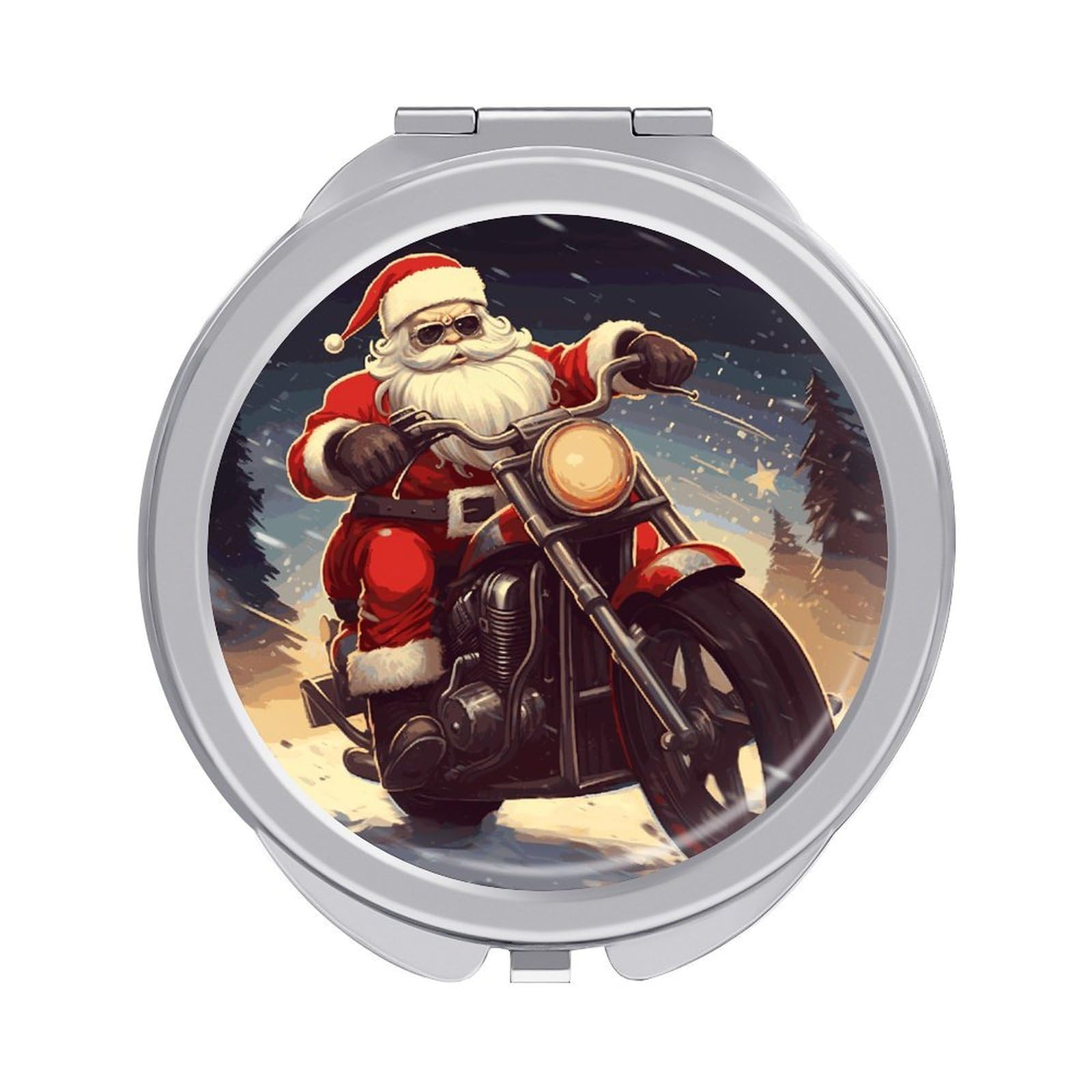 FekiLoot Santa Claus Biker Riding Travel Makeup Mirror 2 X /1 X Magnifying Slim Pocket Mirrors Compact for Purse Travel Makeup Mirrors for Pocket, Handbag, Purse Women Gift