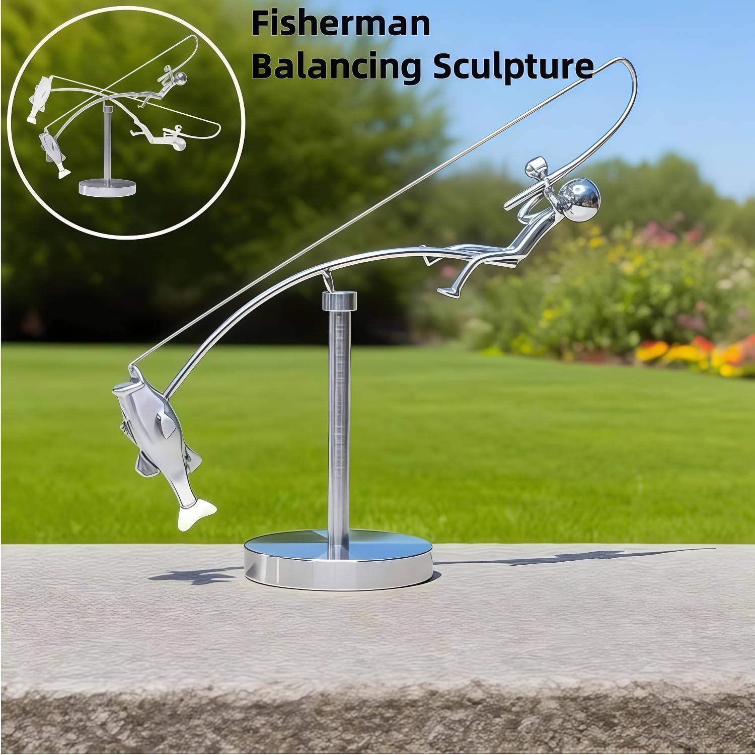The Fisherman Balancing Sculpture,Kinetic Fishing Sculpture - Balance Art for Your Space,Fisherman Kinetic Balancing Desk Toy,Stainless Steel Balance Fishing Physics Toy
