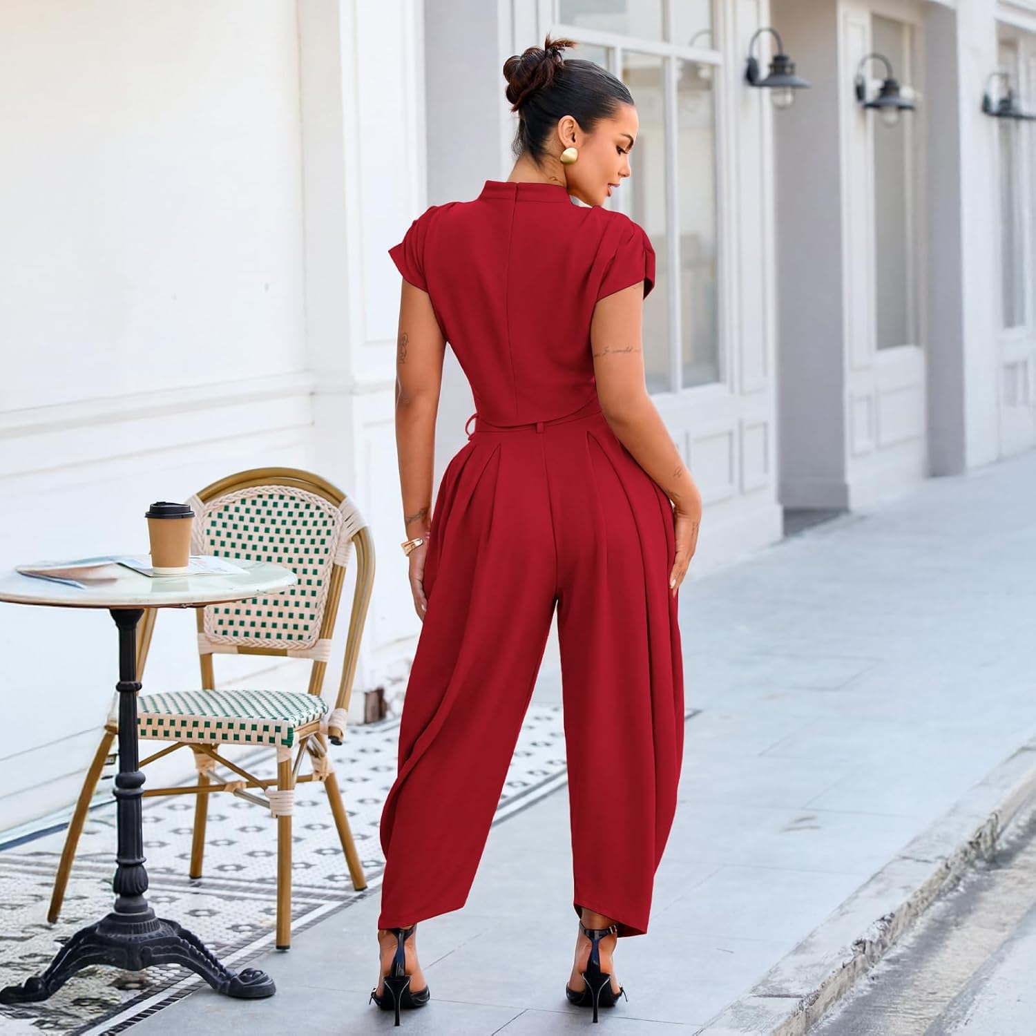 kaimimei 2 Piece Sets for Women Casual Mock Neck Cap Sleeve Crop Tops and Palazzo Pants Vacation Travel Outfits - Image 4