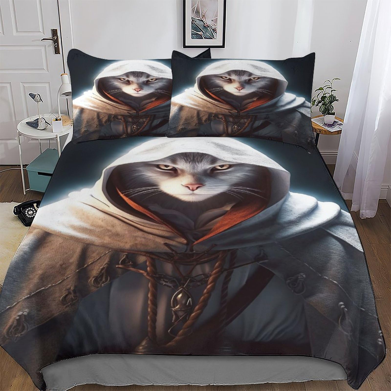 Housse de couette microfibre 200x200 avec motif chat 3D et 2 taies d'oreiller pour ado et adulte