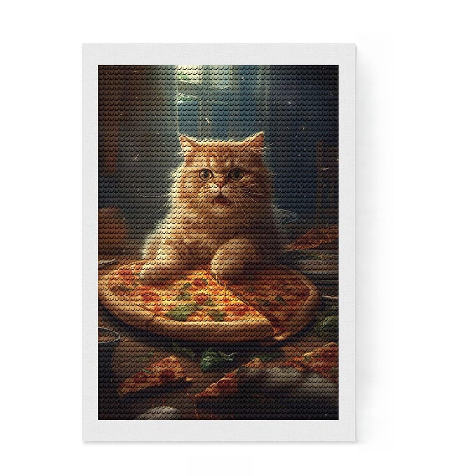 Junmoney Cat with Pizza Diamond Art Canvas 8"x12", Satisfying Creative Project, Sparkling Round Gems, Stress Relief Craft, Office Decor