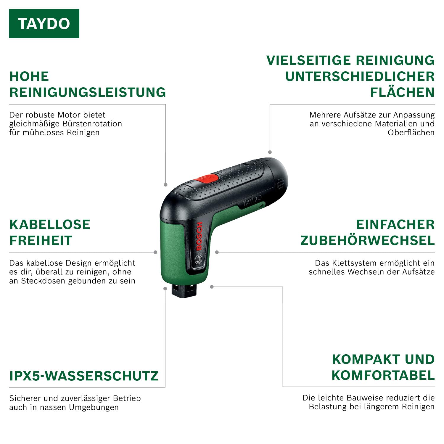 Bosch TAYDO (UniversalBrush 4V) Akku-Elektrobürsten (Bürste, Detailbürste, Padhalter, Hochleistungspad, Mikrofaserpad, Küchenschwamm, Schmutzradierer, Polierpad, Tasche)