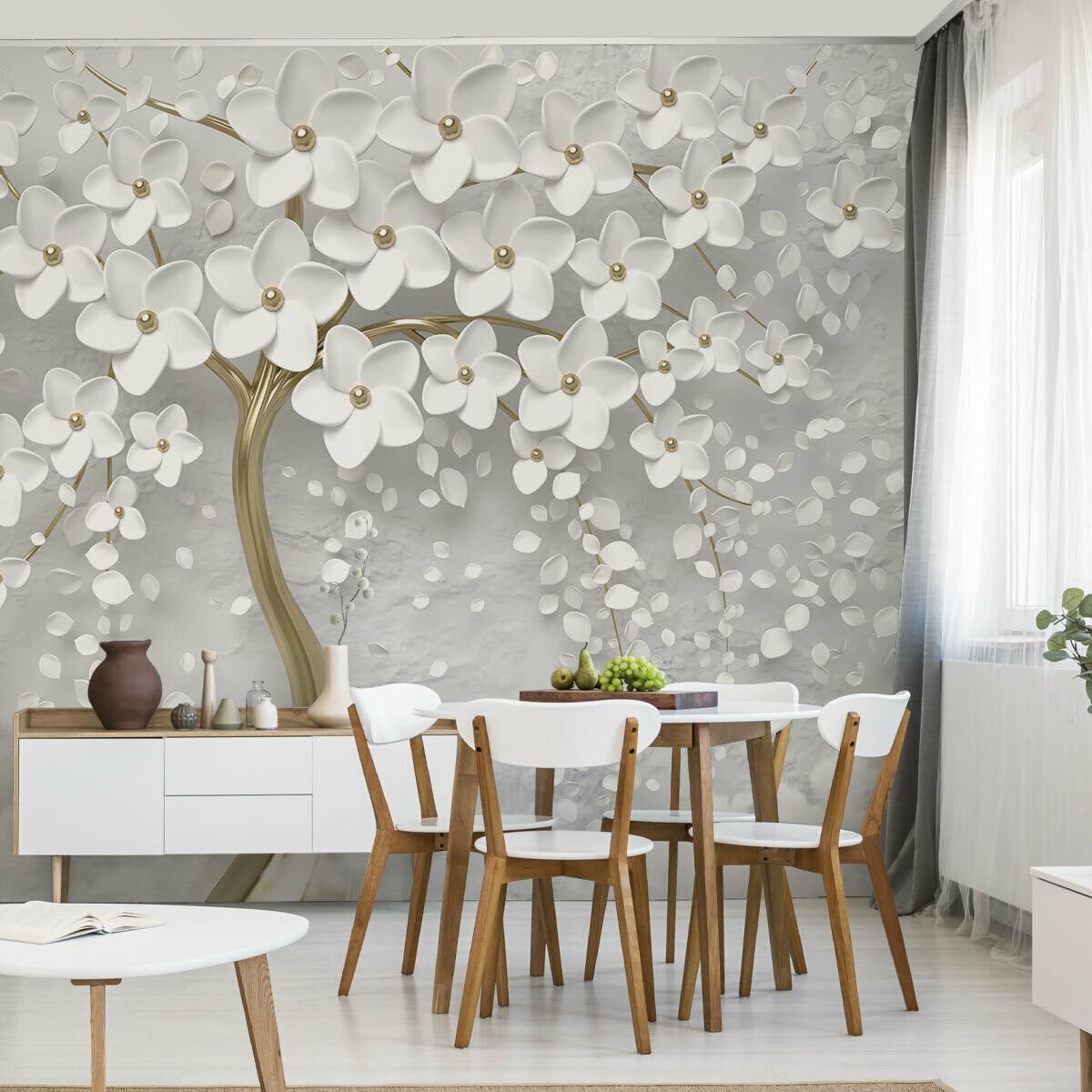 Muralo Tapete Vlies 3D, abstrakter Baum, weiße Blumen - 360x240 cm | Beeindruckendes 3D-Design, hochauflösender Druck - ideal für Wohnzimmer und Schlafzimmer, Ein außergewöhnliches Raumerlebnis